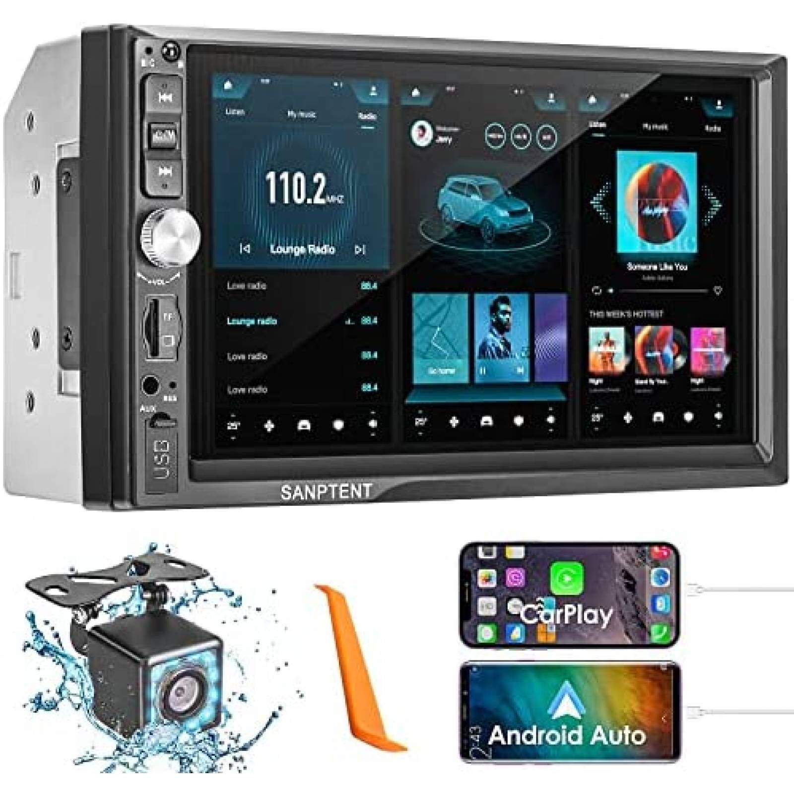 Estéreo de automóvil Carplay de Apple DIN con Bluetooth Android Auto, radio  de coche con pantalla táctil abatible de 7 pulgadas, receptores de audio