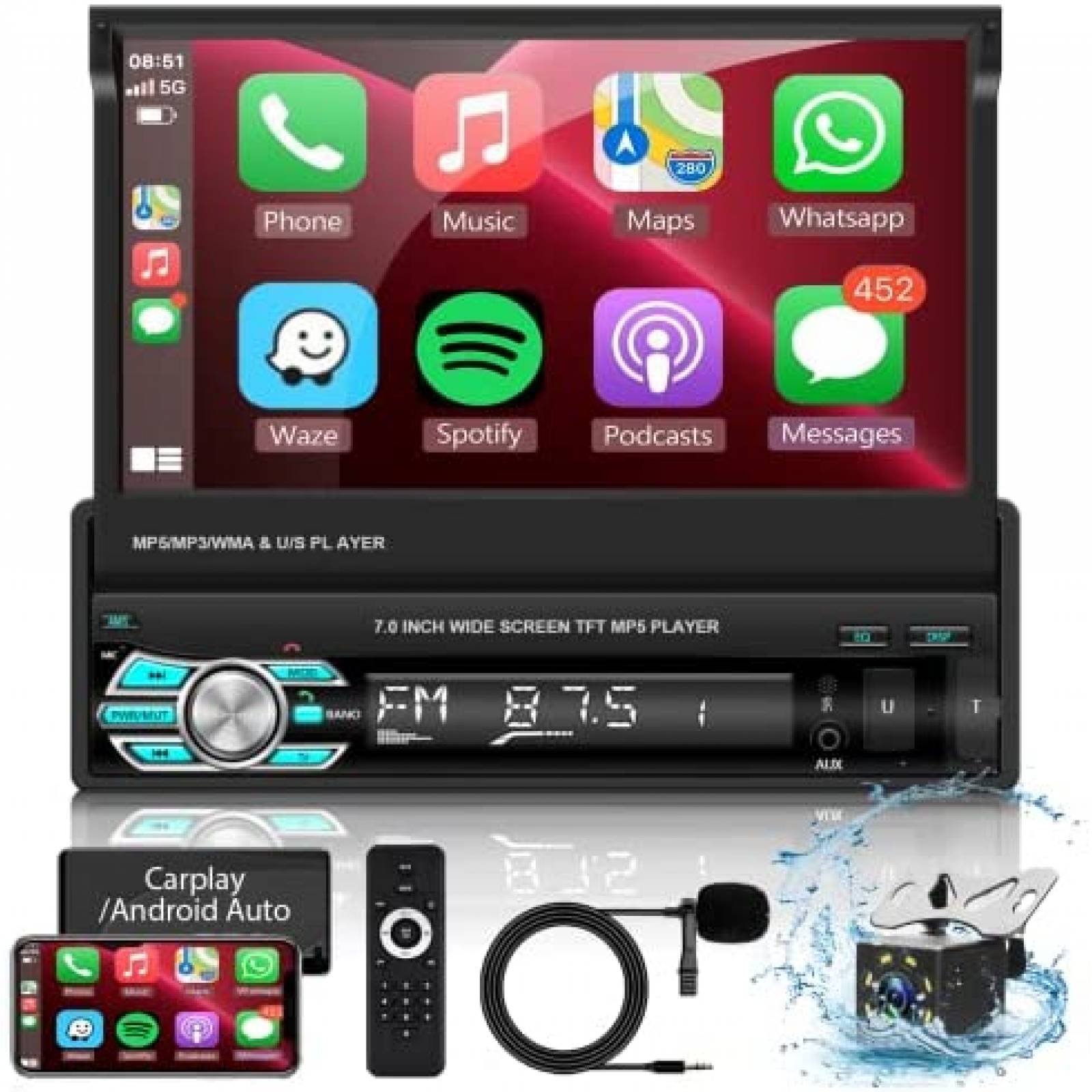 Estereo De Coche PODOFO Single Din Inalambrico Negro