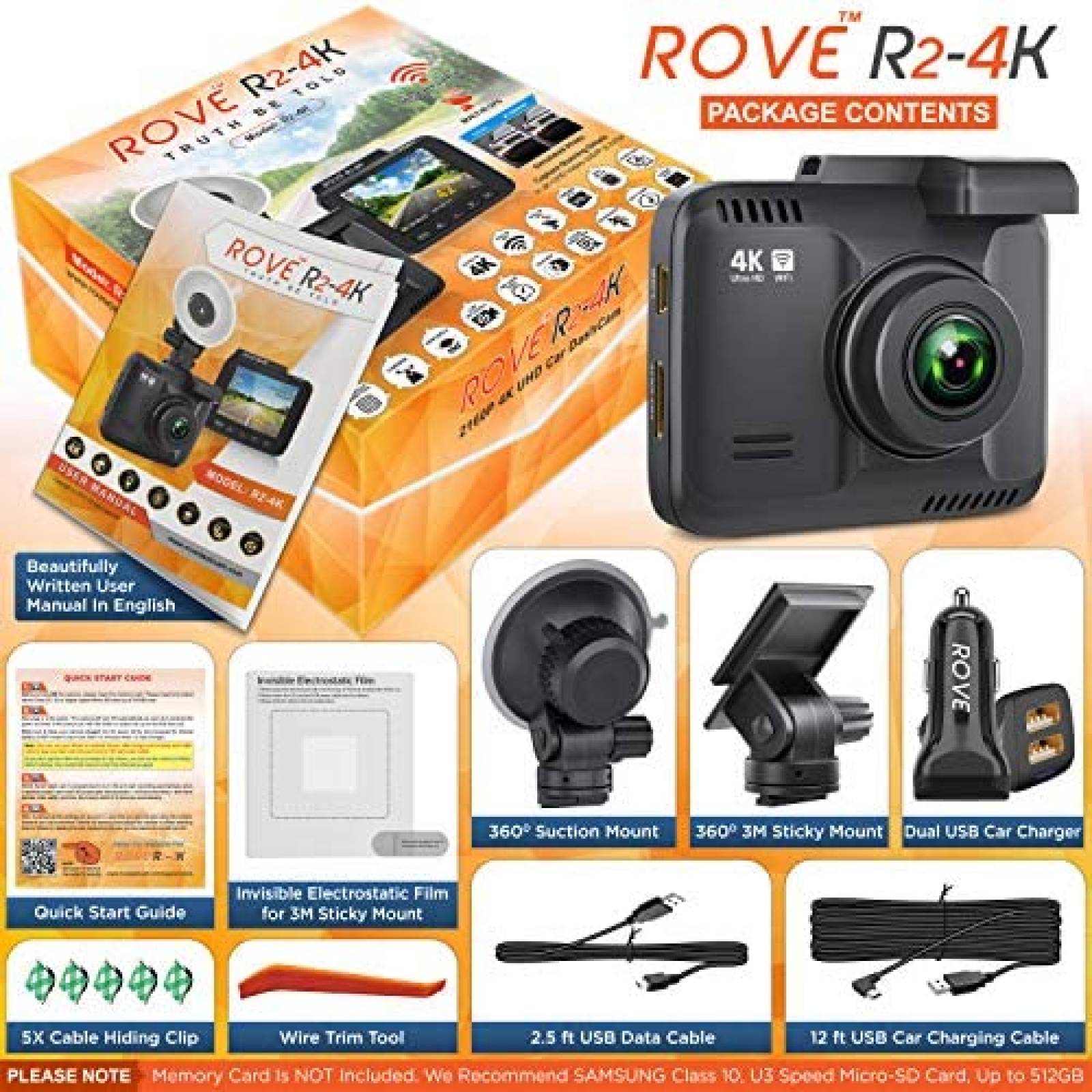 Camara Auto ROVE R2 Dash Cam 4K 150 + 128GB MicroSD -N