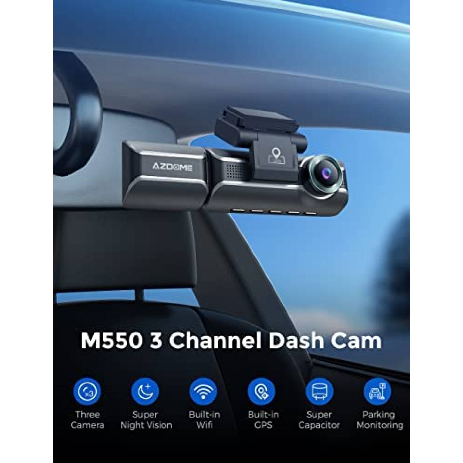 Camara Dash AZDOME M550 de 3CH 1440p+1080p+1080p -Negro