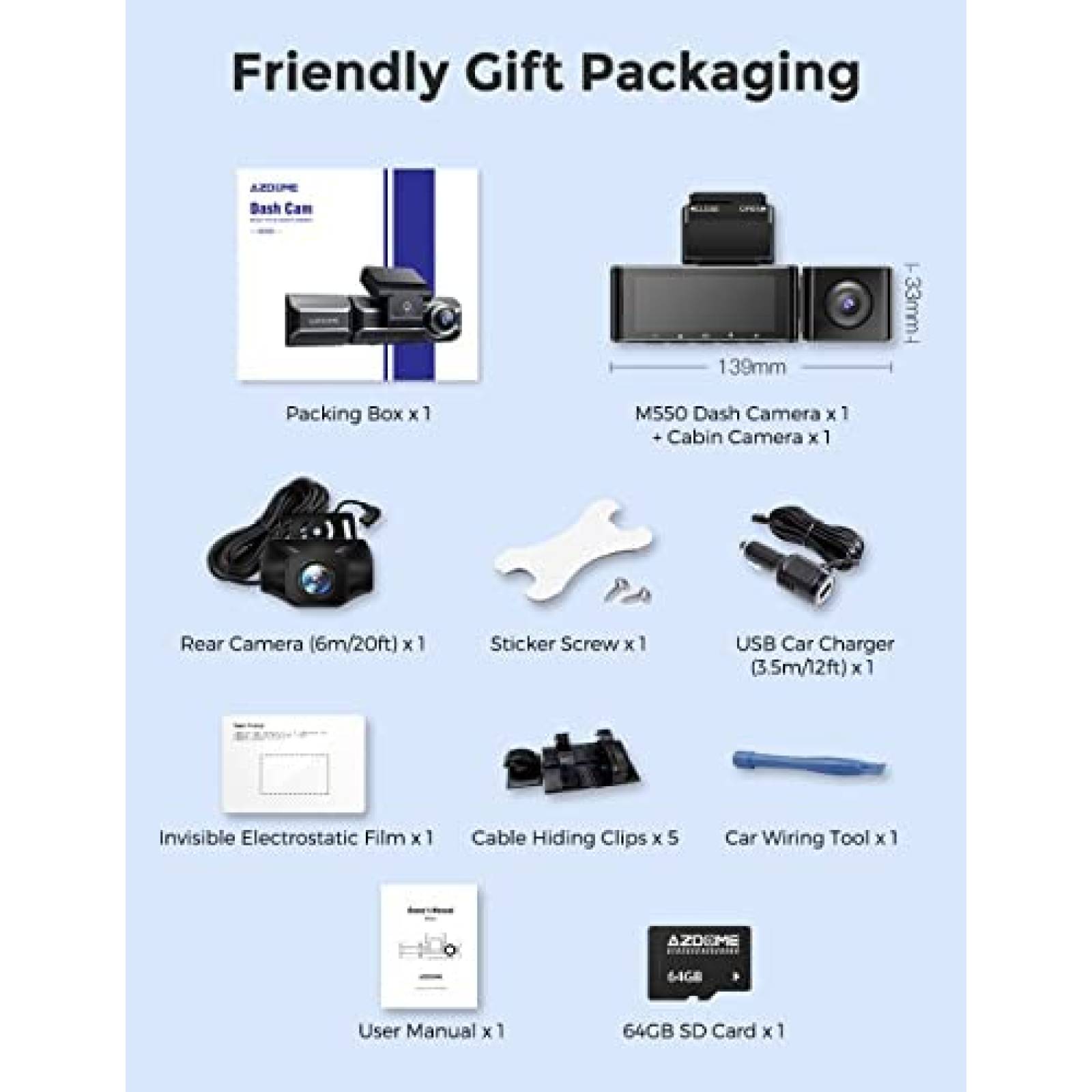 Camara Dash AZDOME M550 de 3CH 1440p+1080p+1080p -Negro