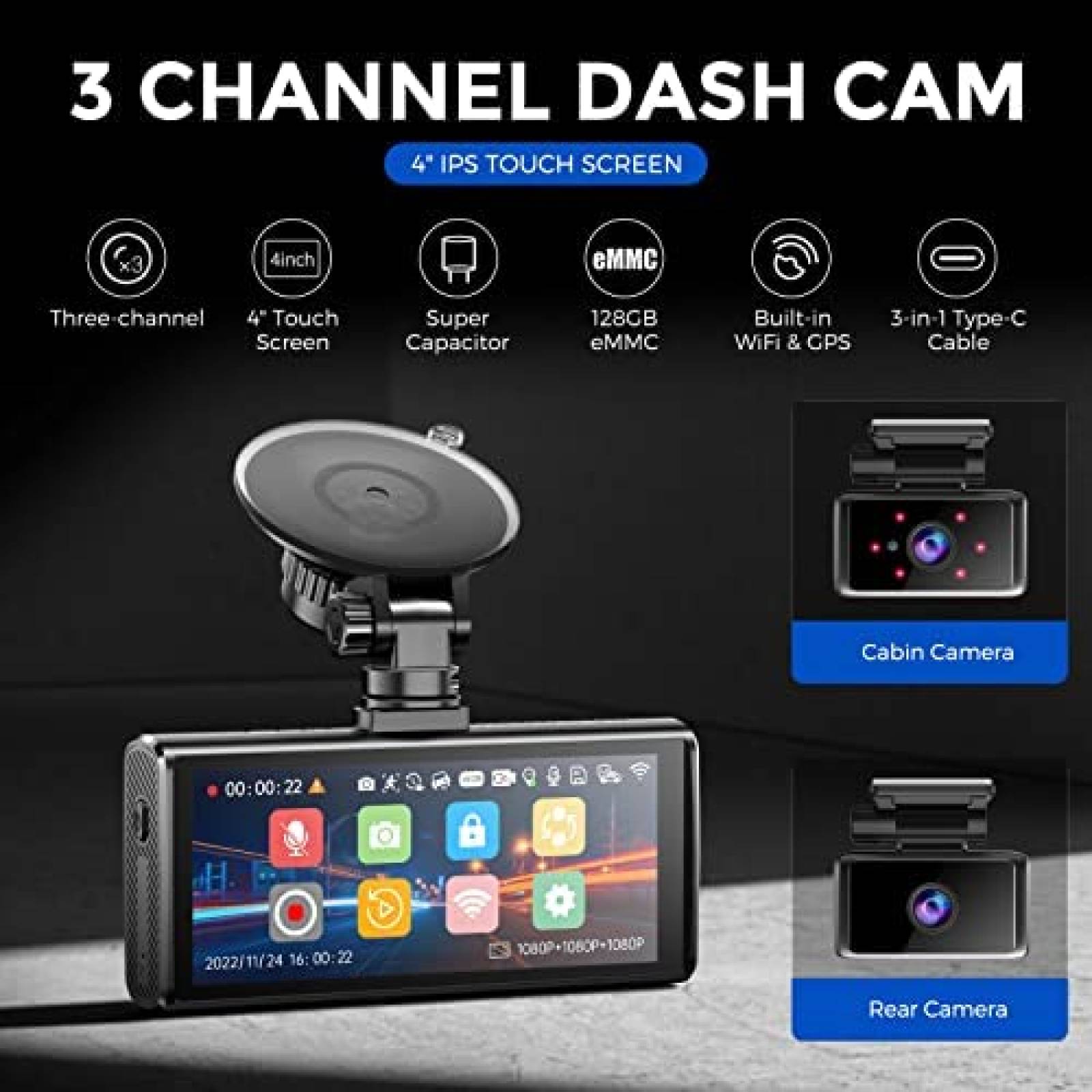 Camara de Reversa AZDOME M560-3 3 Cam 1080P 128GB Wifi Touch
