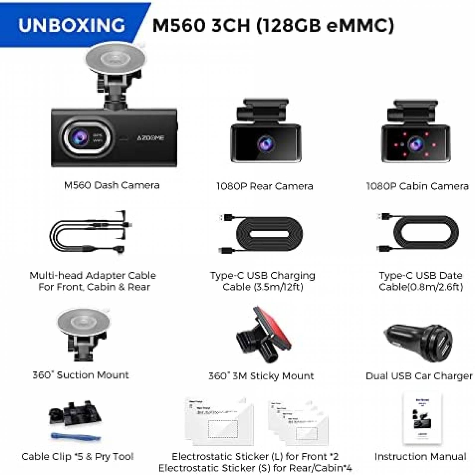 Camara de Reversa AZDOME M560-3 3 Cam 1080P 128GB Wifi Touch