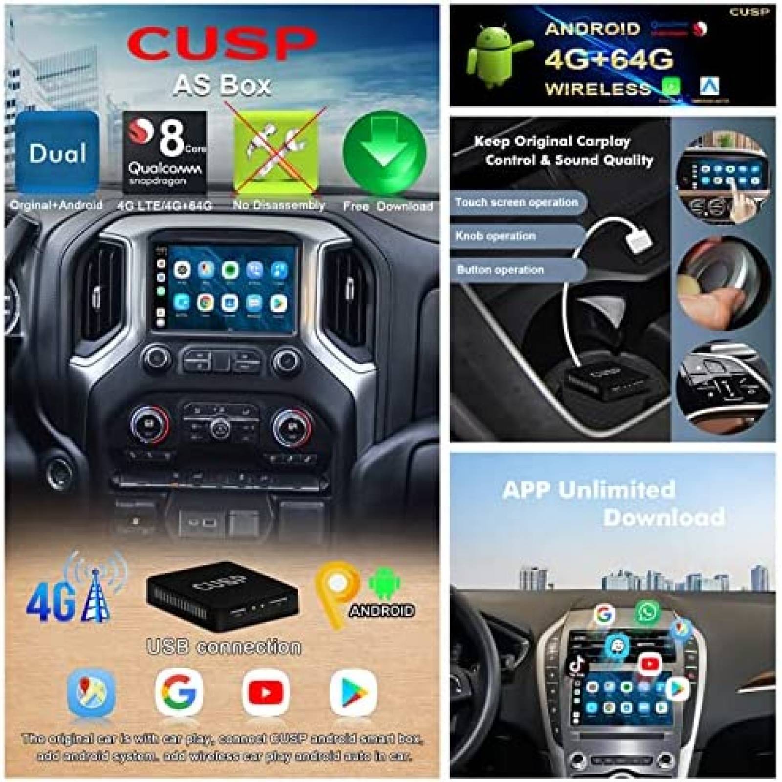 Sistema CarPlay CUSP Ai Box Tactil 64G Android 8 -Negro
