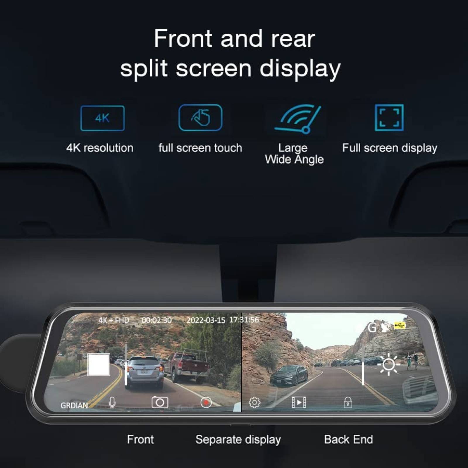 Retrovisor con Camara 10'' Touch 4K Sensor G Micro SD GPS