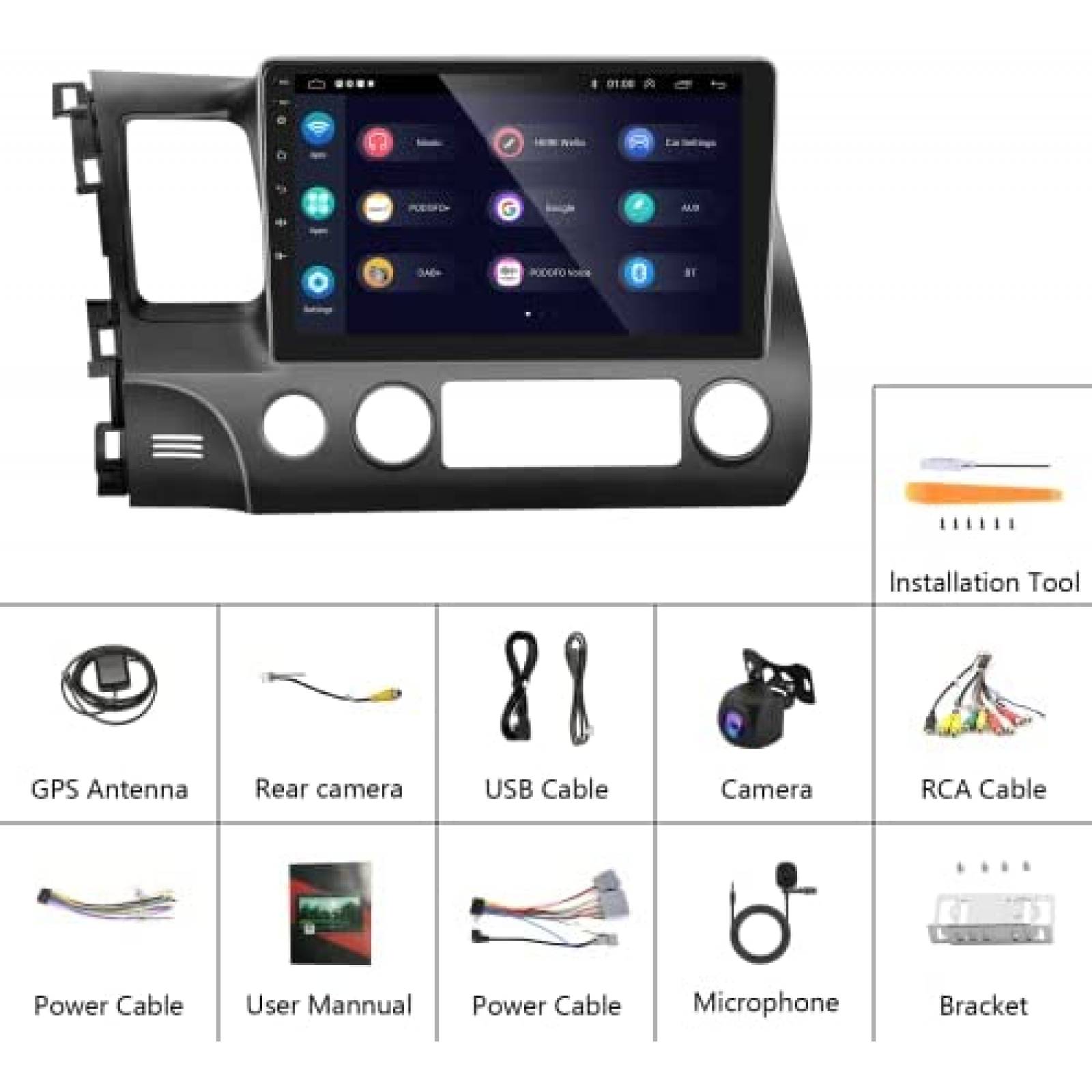 Estereo De Coche PODOFO Para Honda Civic 2006-11 -Negro