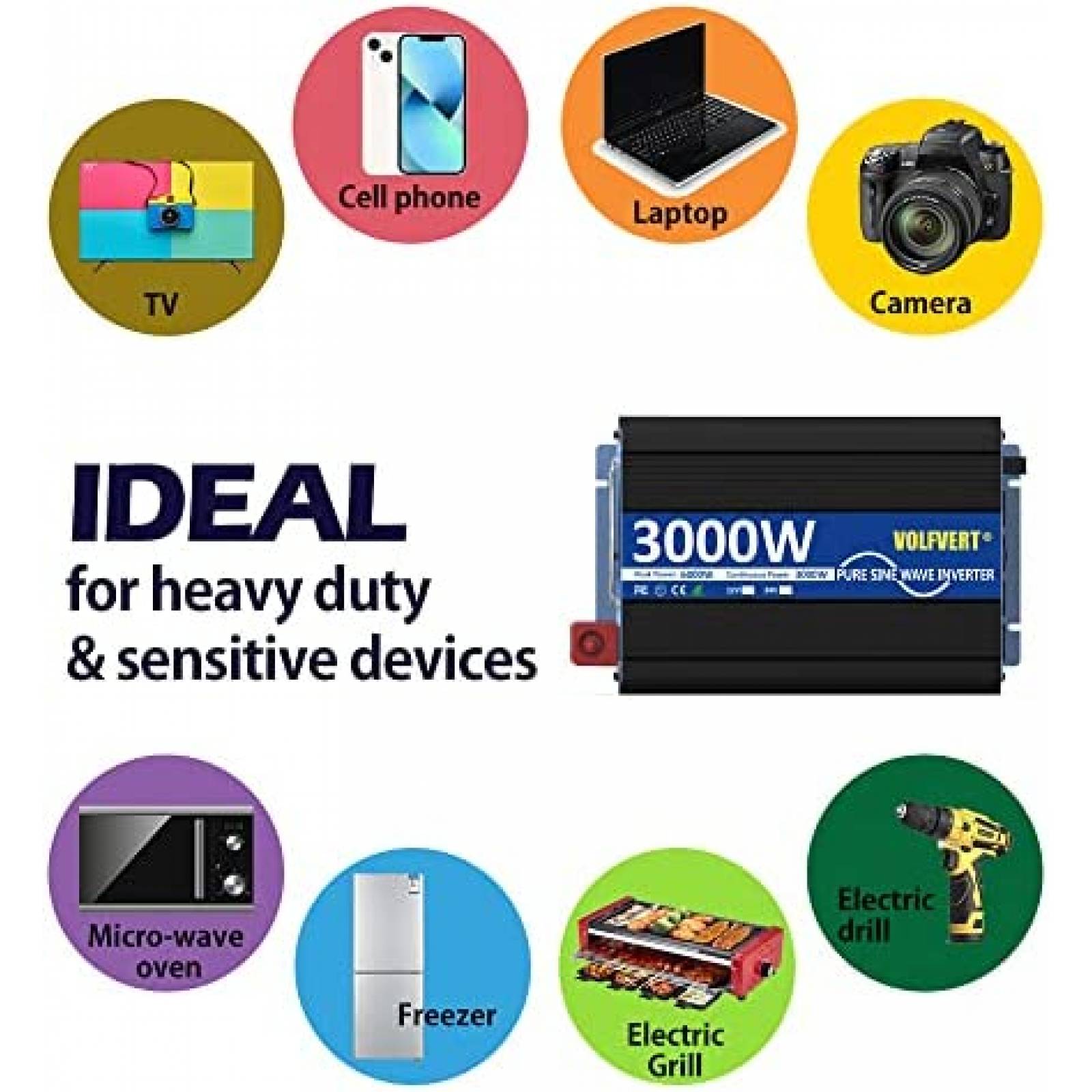 Inversor de Corriente VOLFVERT 4000W PSW 12V a 110V 4 AC