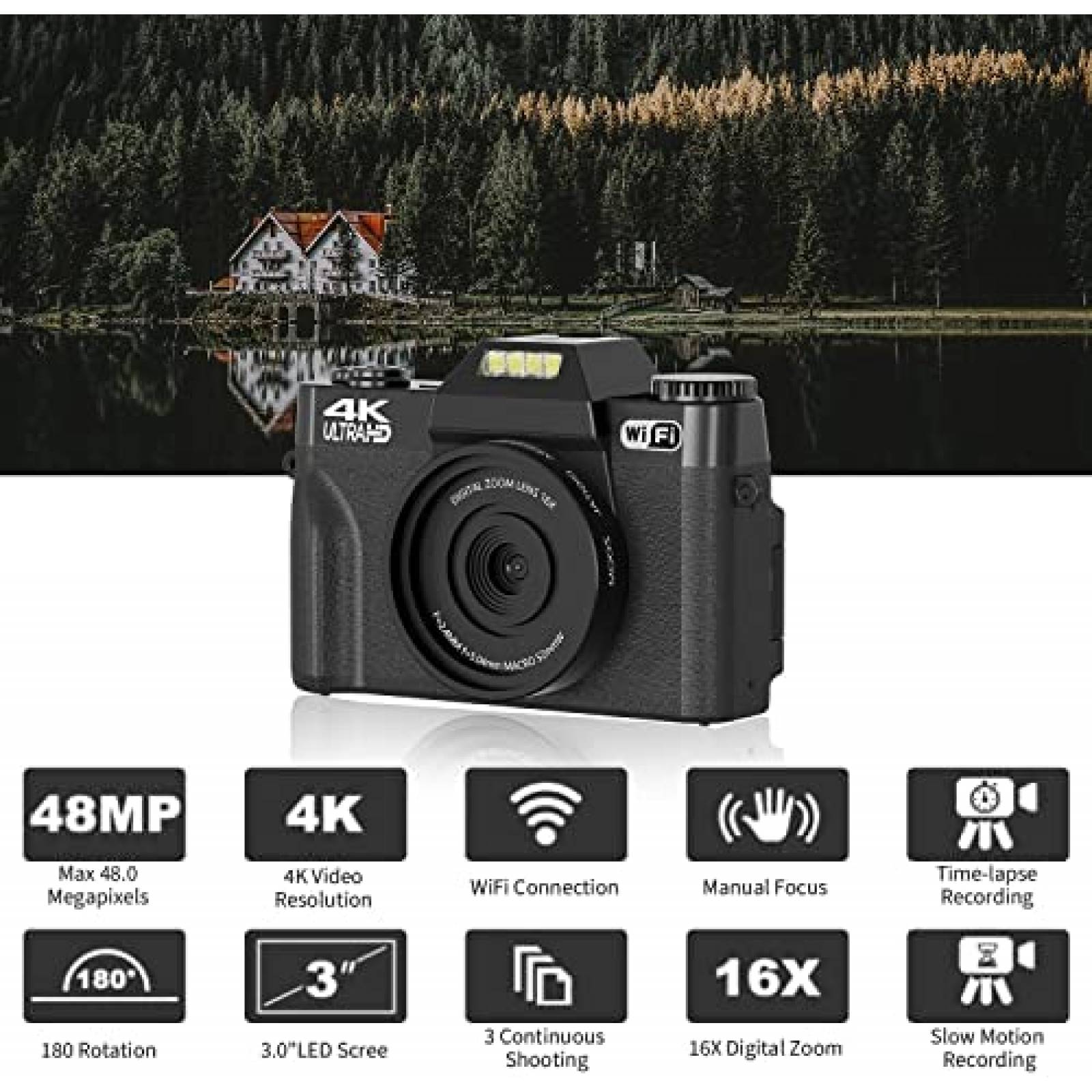 Videocamara WIKICO 4K 16X Compacta con Accesorios -Negro