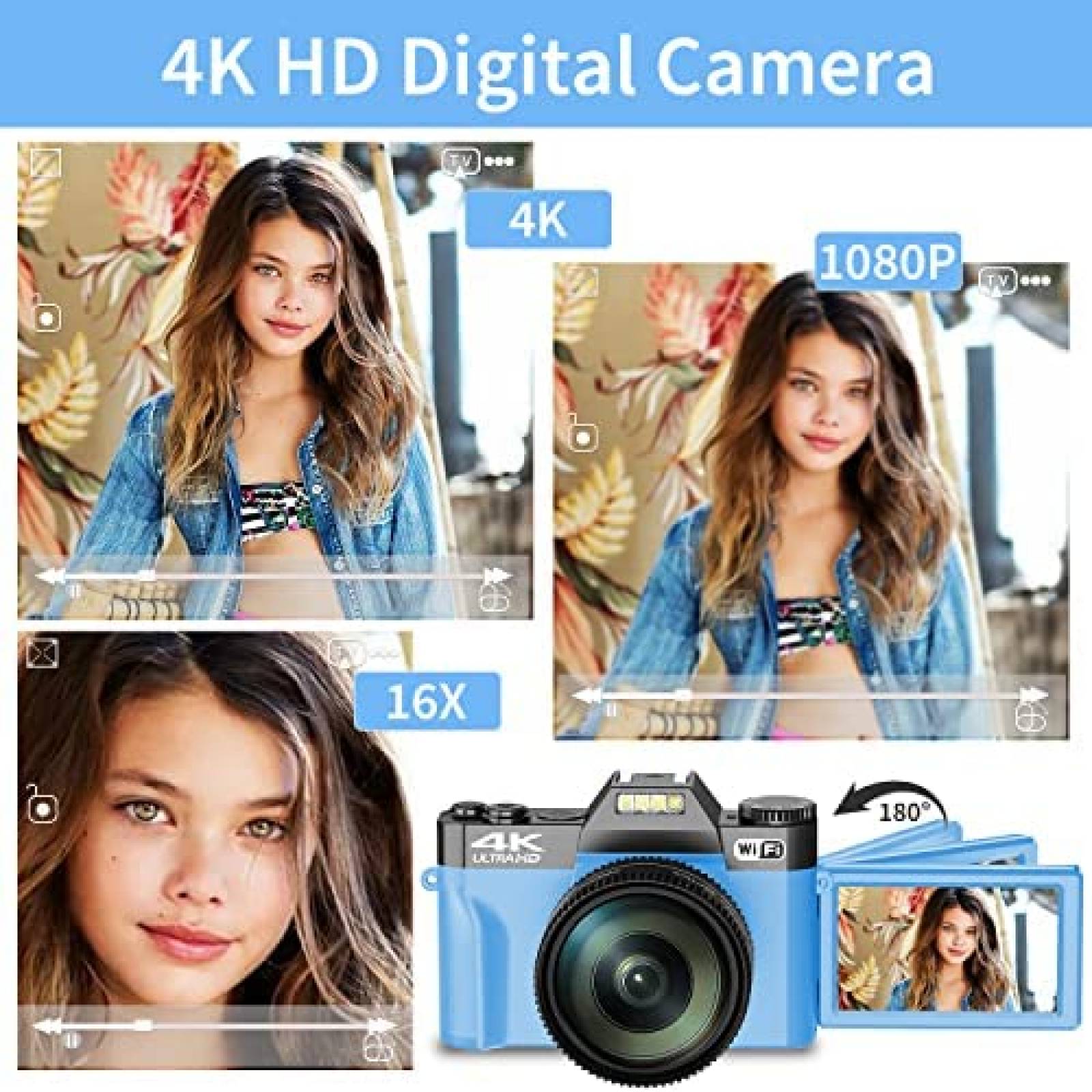 Videocamara WIKICO 4K 48MP 16X Compacta con Accesorios -Azul