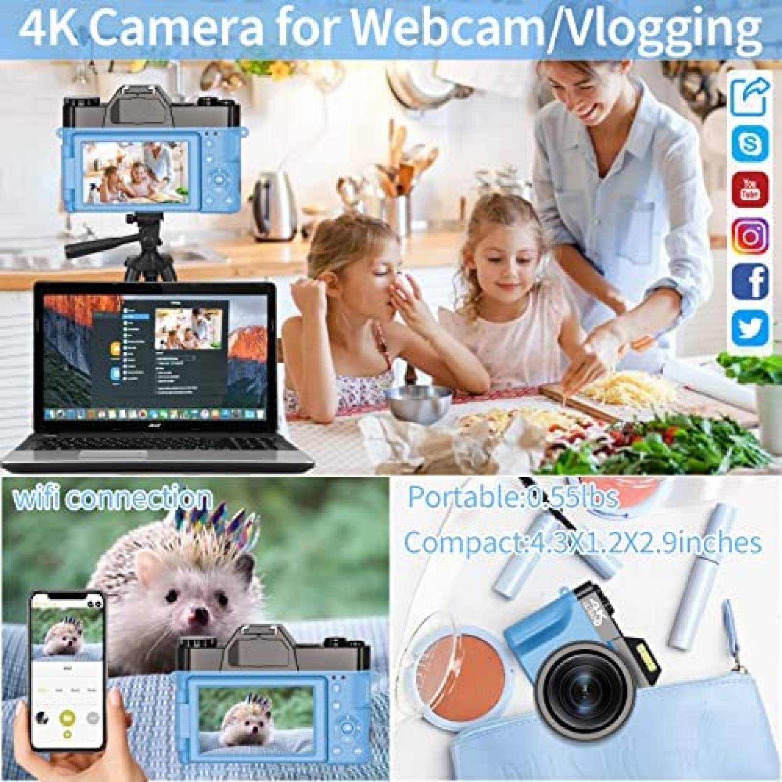 Videocamara WIKICO 4K 48MP 16X Compacta con Accesorios -Azul