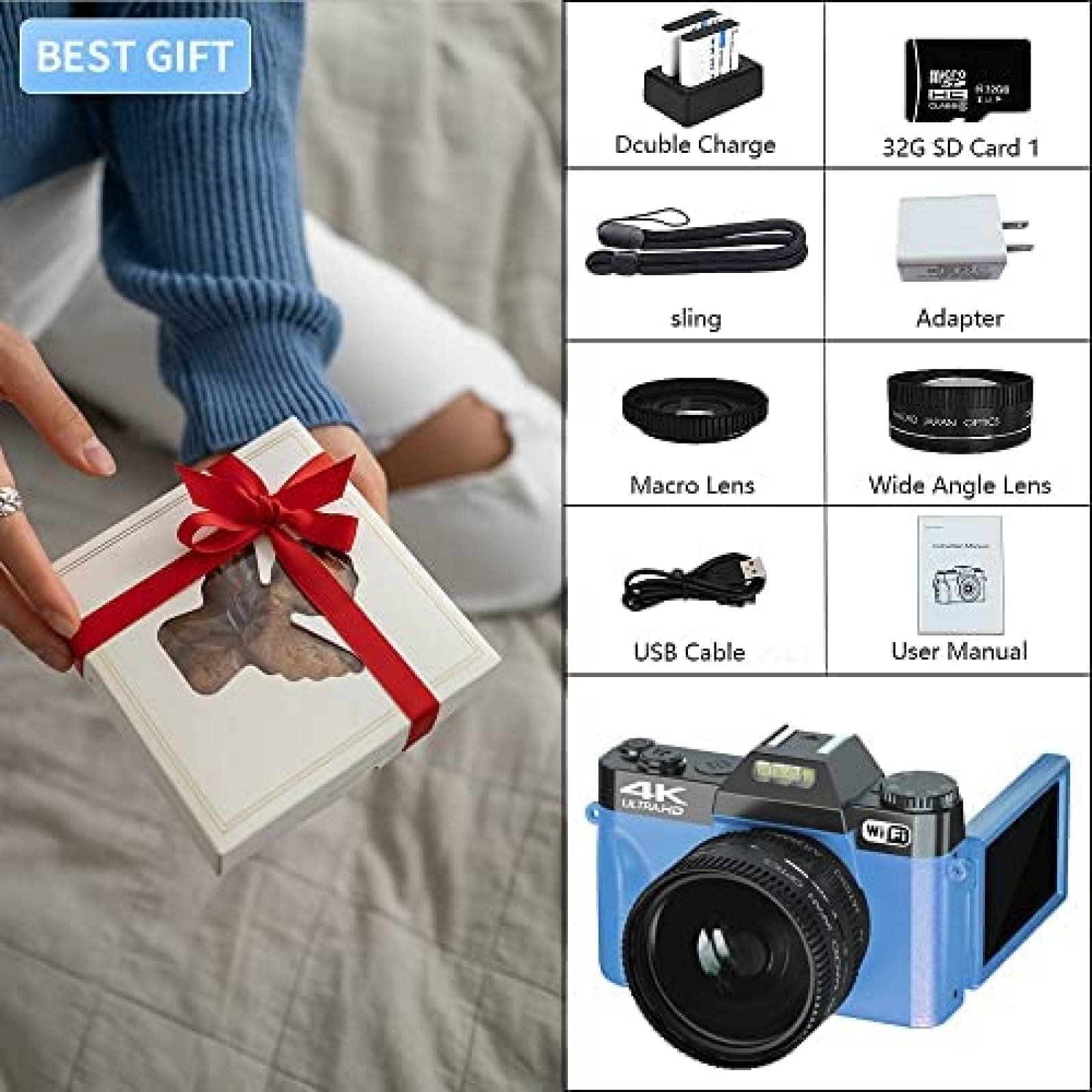 Videocamara WIKICO 4K 48MP 16X Compacta con Accesorios -Azul