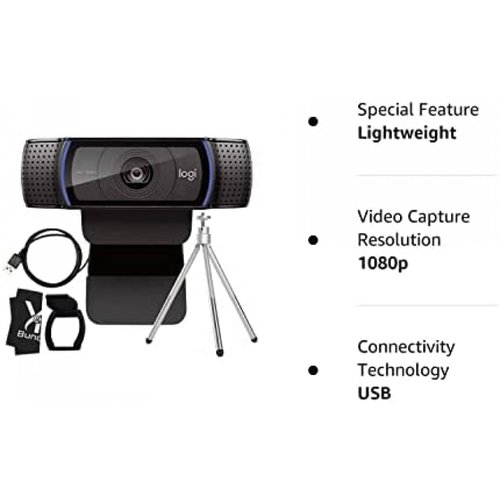 Logitech cámara web C920 HD Pro - Paquete con trípode, paño de limpieza de  obturador de privacidad 