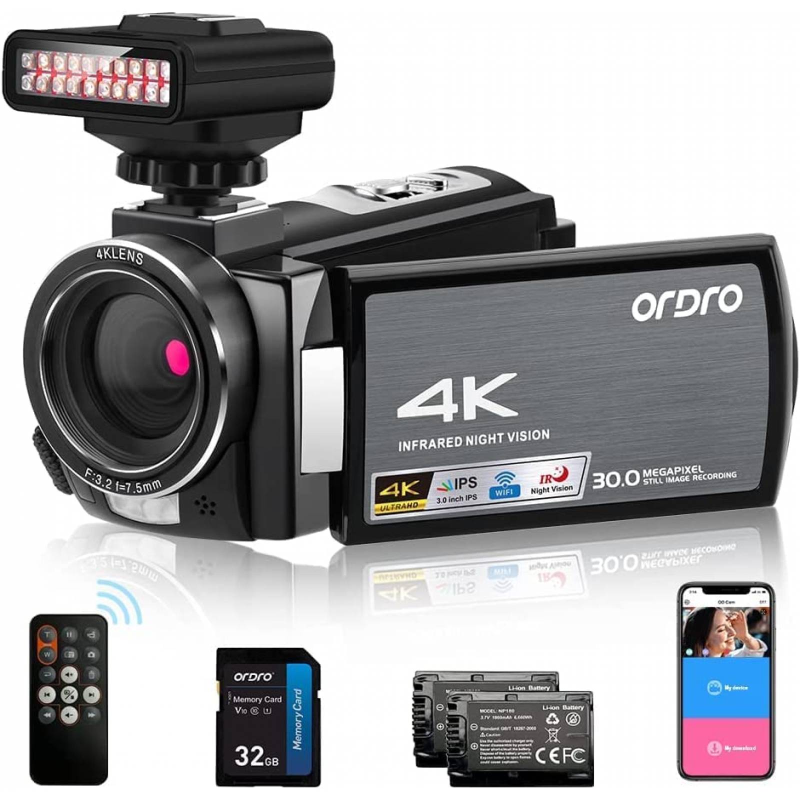 VideoCamara Ordro 4K 1080 60fps 48MP 16x Zoom -Negro