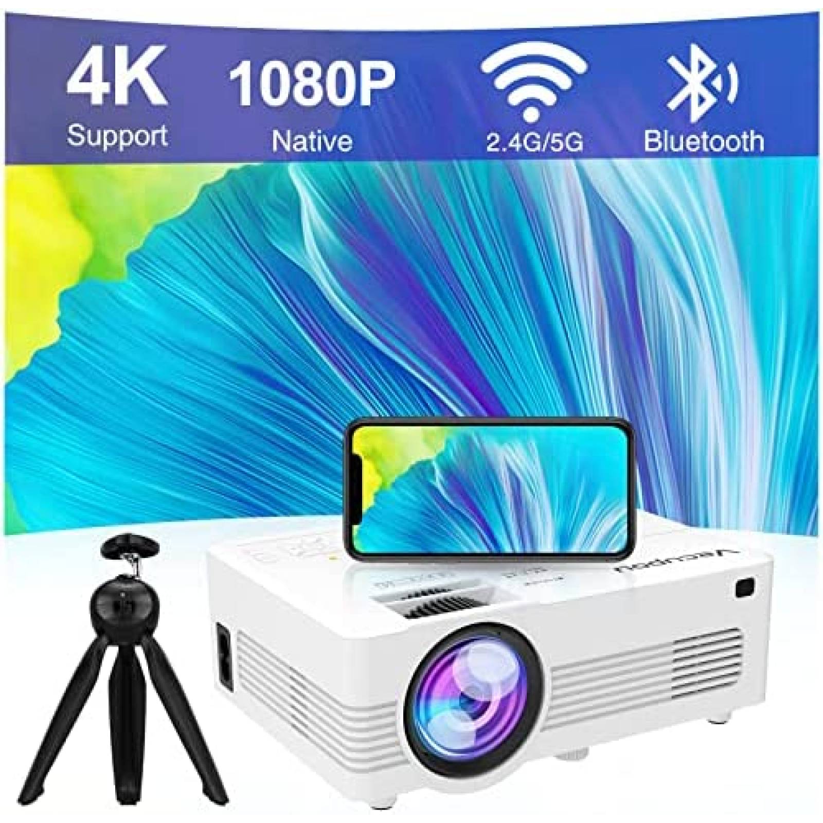 Mini Proyector Vecupou 1080p 4K Wifi BT Celular PC -Blanco