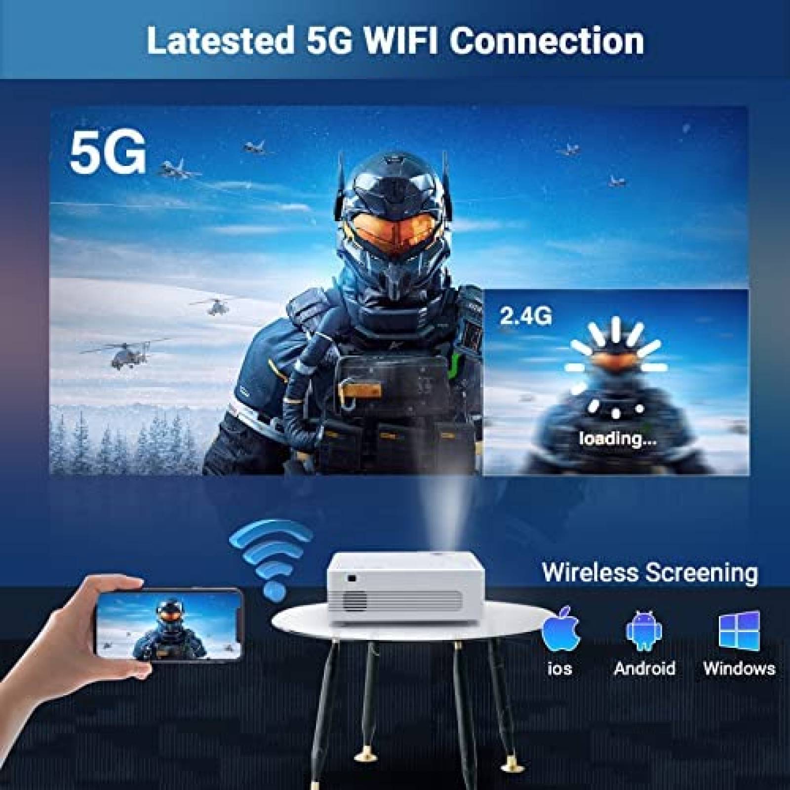 Mini Proyector Vecupou 1080p 4K Wifi BT Celular PC -Blanco