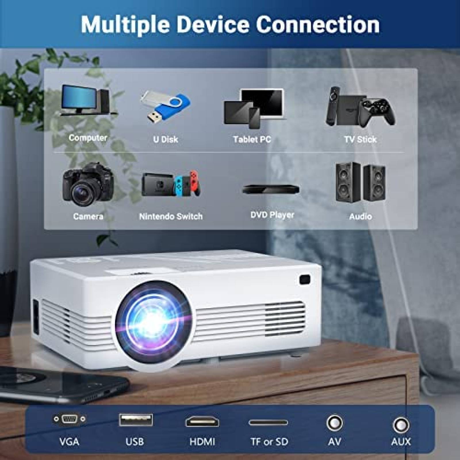 Mini Proyector Vecupou 1080p 4K Wifi BT Celular PC -Blanco