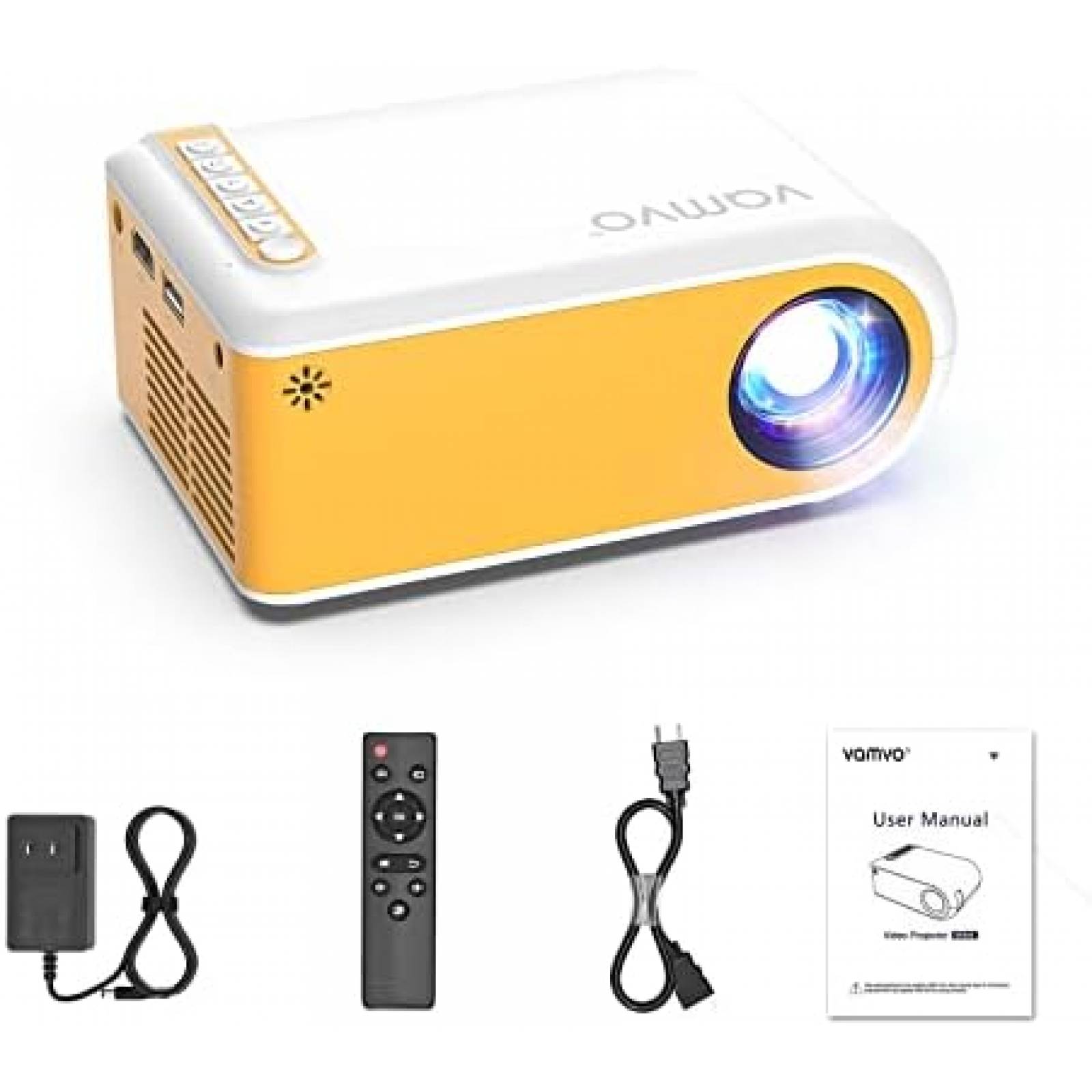 Mini Proyector Vamvo 1080p 2.5m Exterior HDMI -Amarillo