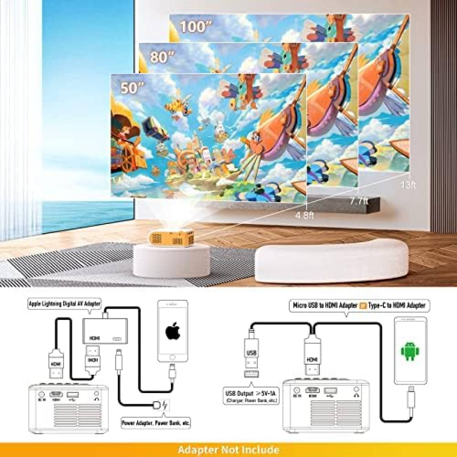 Mini Proyector Vamvo 1080p 2.5m Exterior HDMI -Amarillo