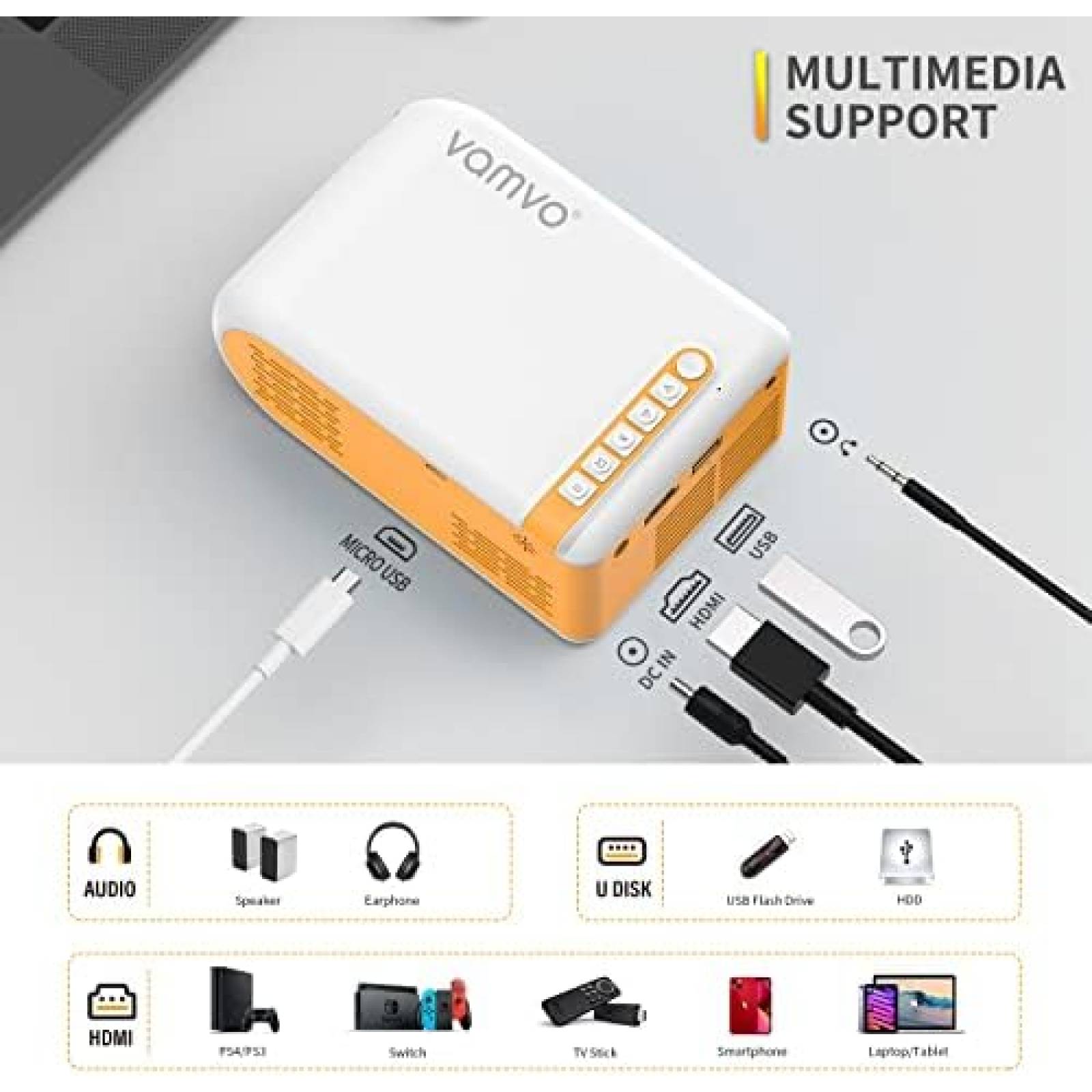 Mini Proyector Vamvo 1080p 2.5m Exterior HDMI -Amarillo