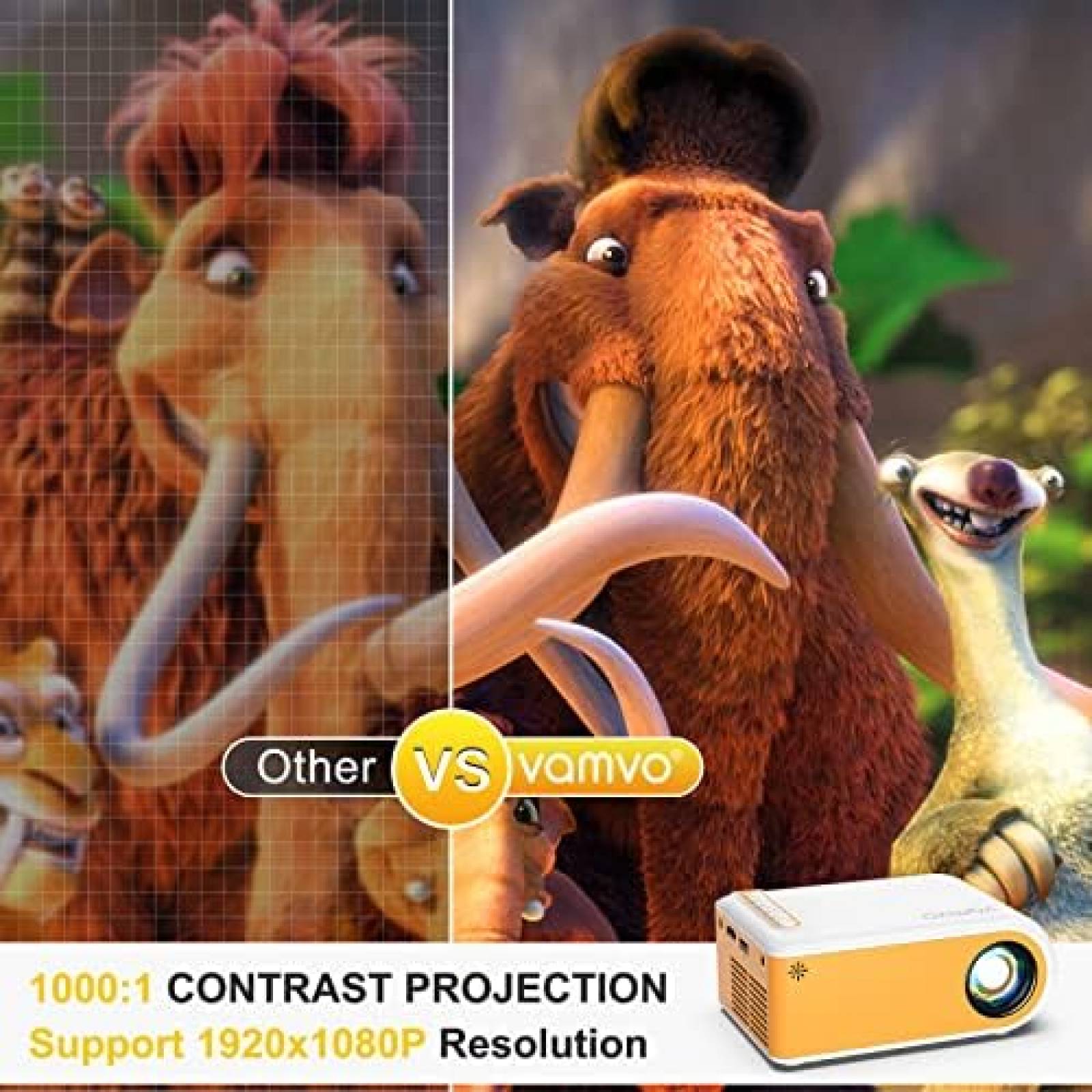 Mini Proyector Vamvo 1080p 2.5m Exterior HDMI -Amarillo