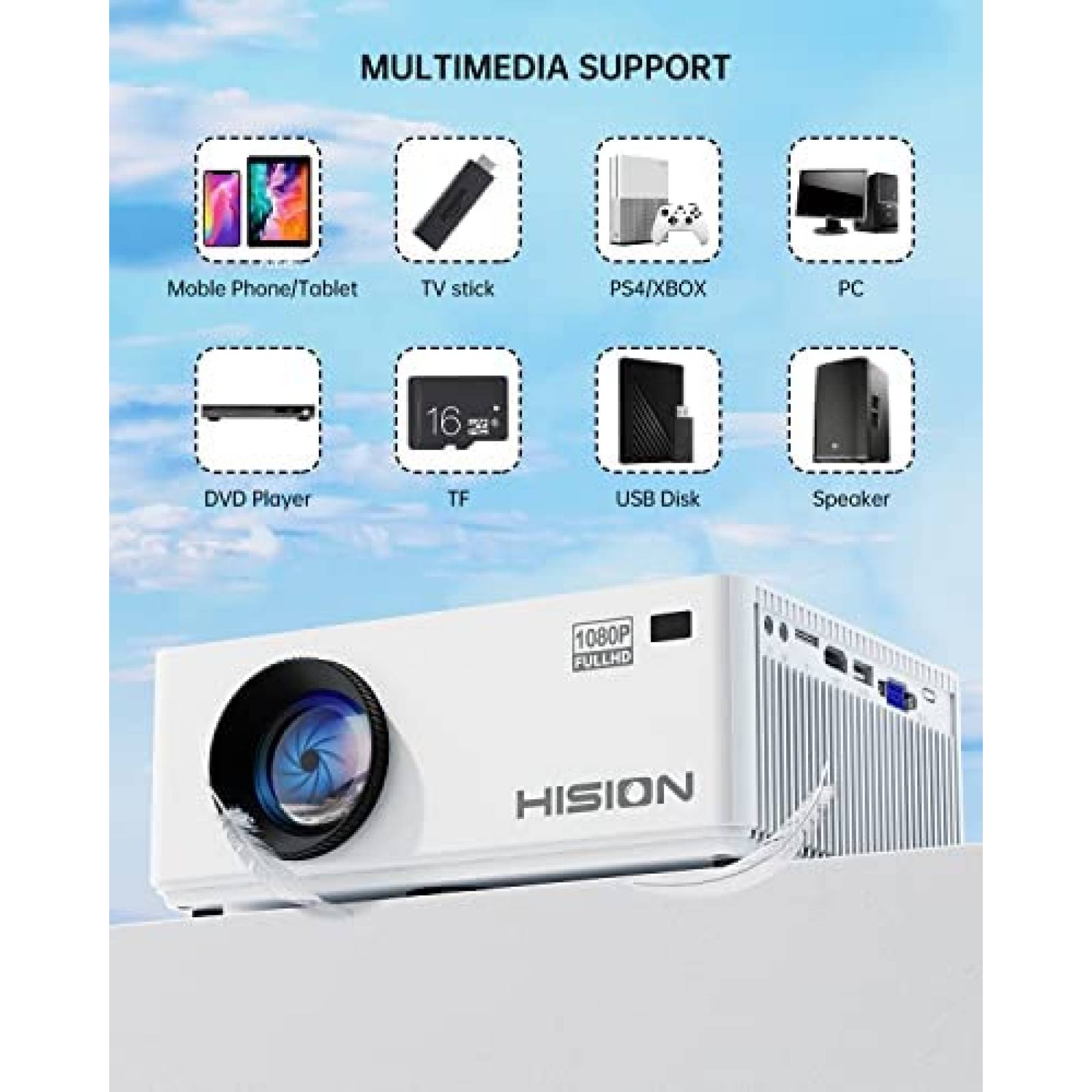 Proyector HISION FHD 1080P Portatil 8000 Lumens -Blanco