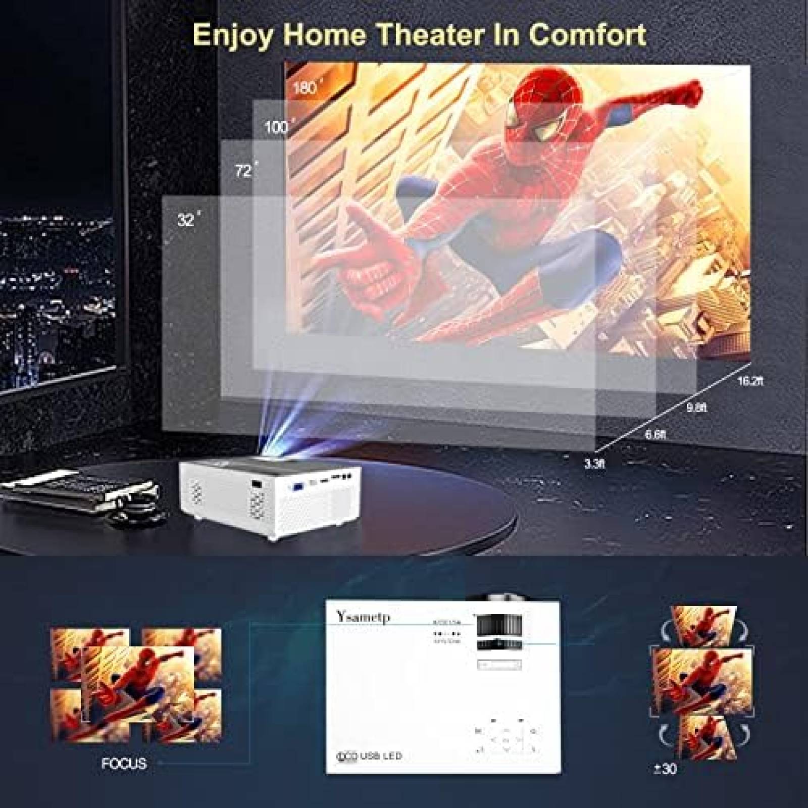 Mini Proyector Ysametp 1080p 4.5m 11000L HDMI VGA TF -Blanco