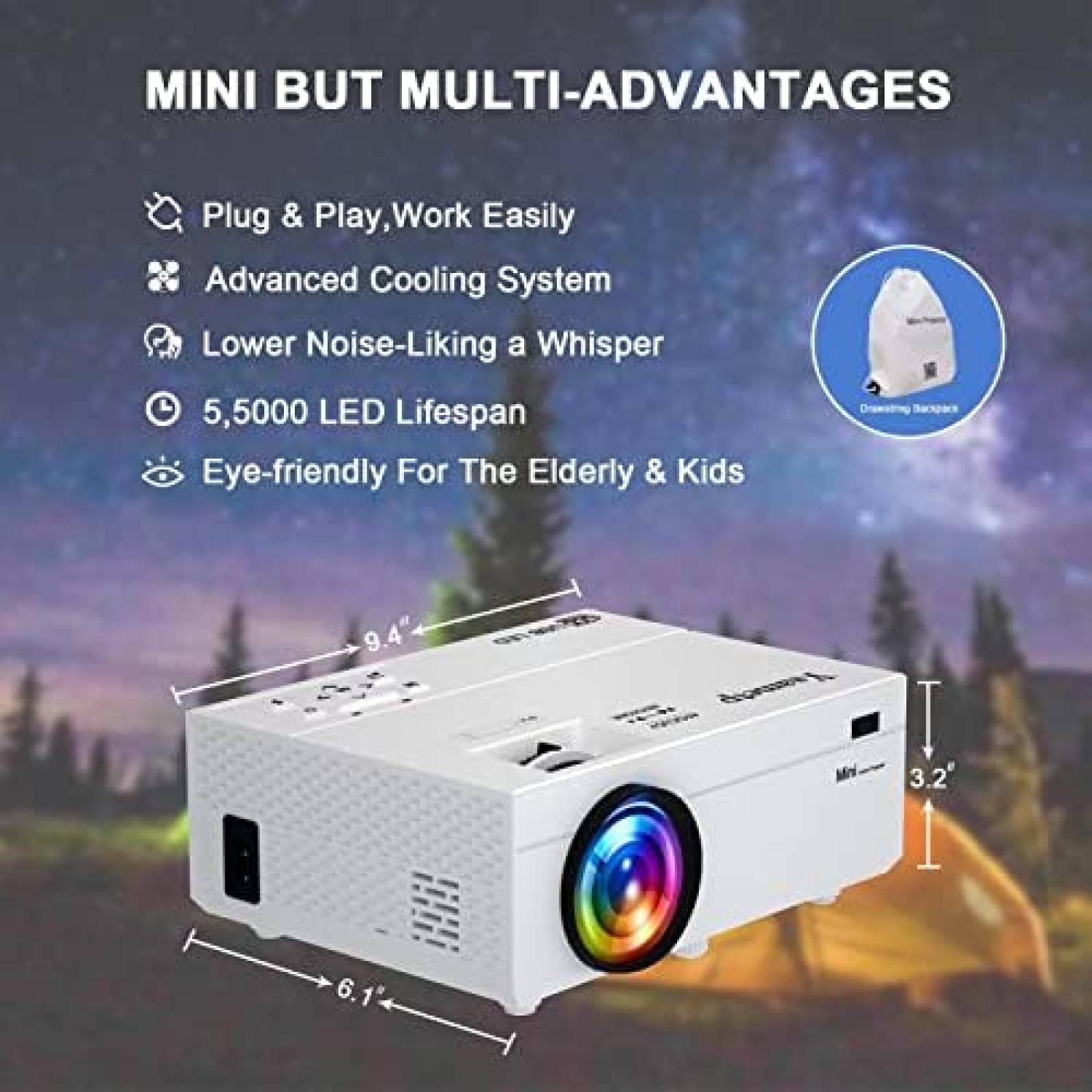 Mini Proyector Ysametp 1080p 4.5m 11000L HDMI VGA TF -Blanco
