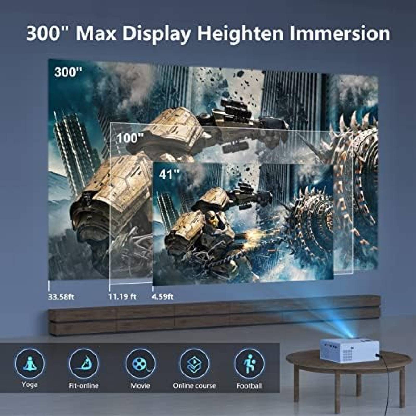 Proyector WiFi 5G nativo 1080p Bluetooth Smart Projectores 4K compatibles,  10,000 lúmenes altos y pantalla de 300 pulgadas, proyector de cine para