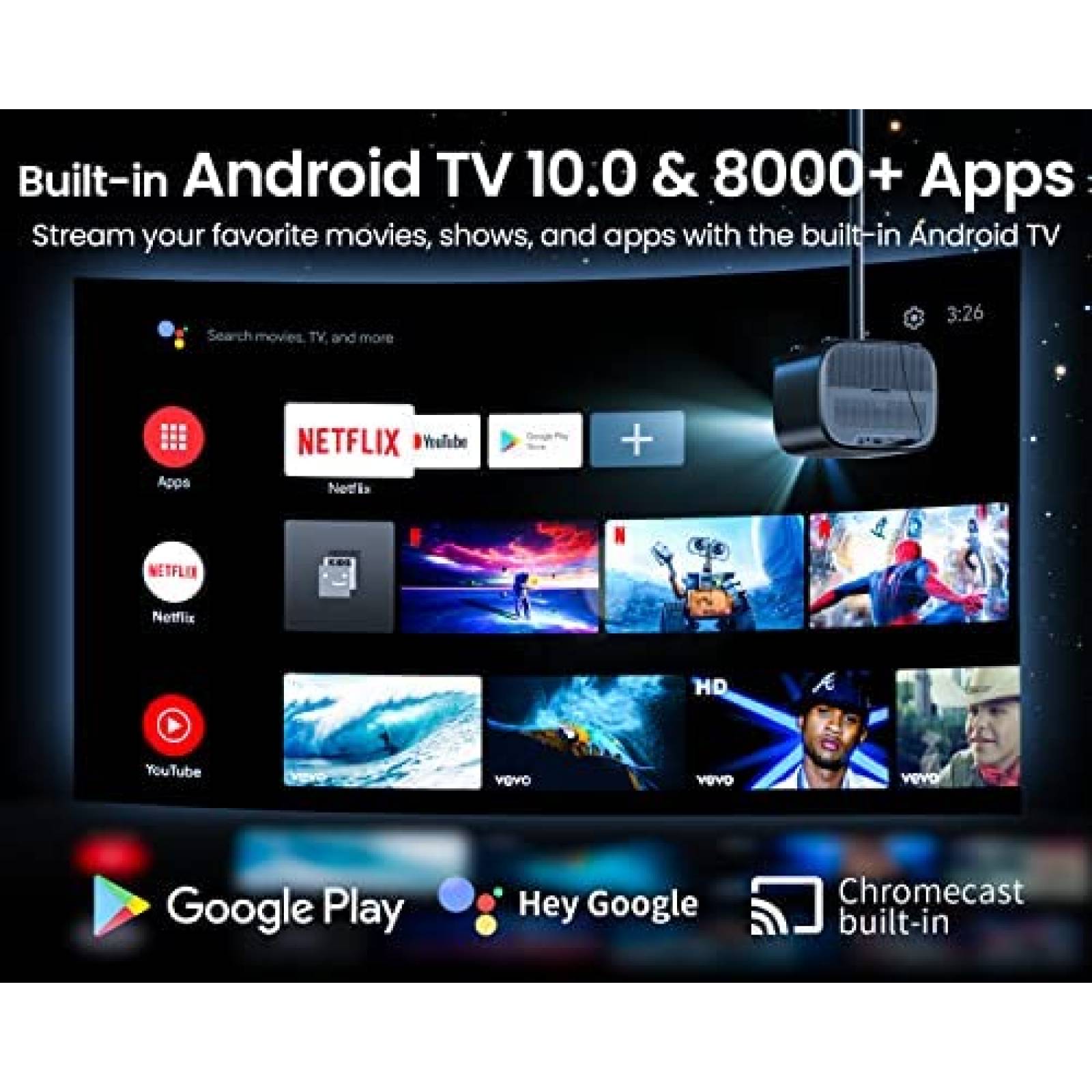 Proyector ETOE 350 lumenes ANSI 1080P 4K Bluetooth -Negro