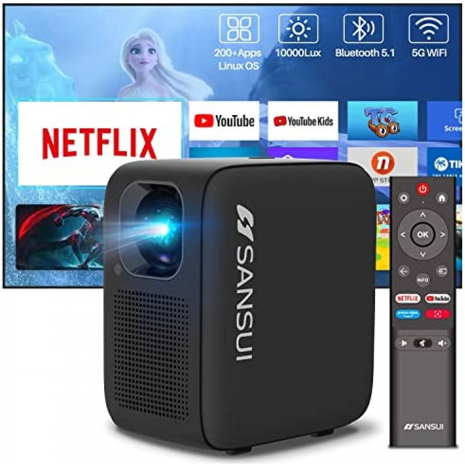 Proyector SANSUI con WiFi y Bluetooth 10000 lumenes -Negro