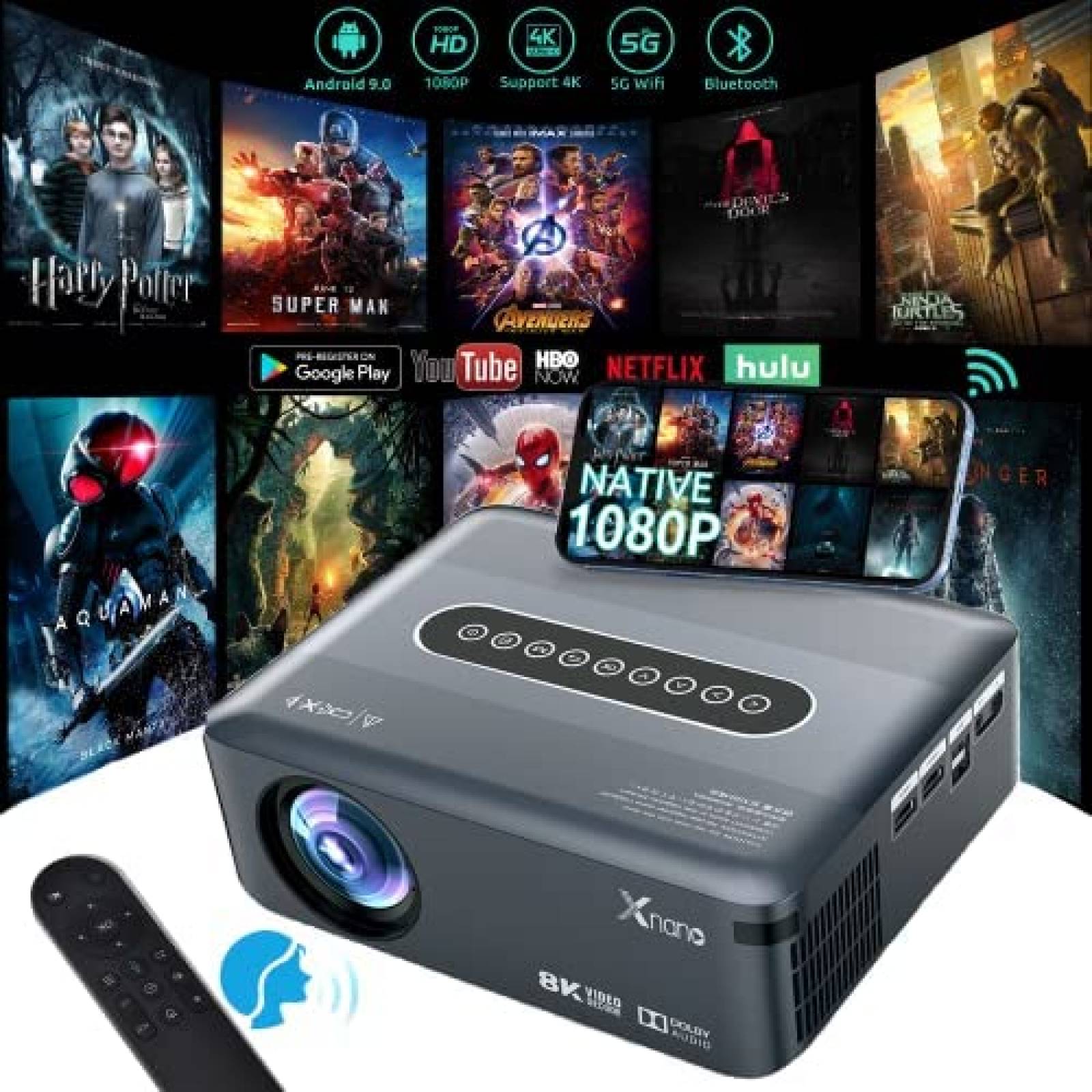 Proyector Bluetooth WiFi nativo 1080P con pantalla de 200 pulgadas