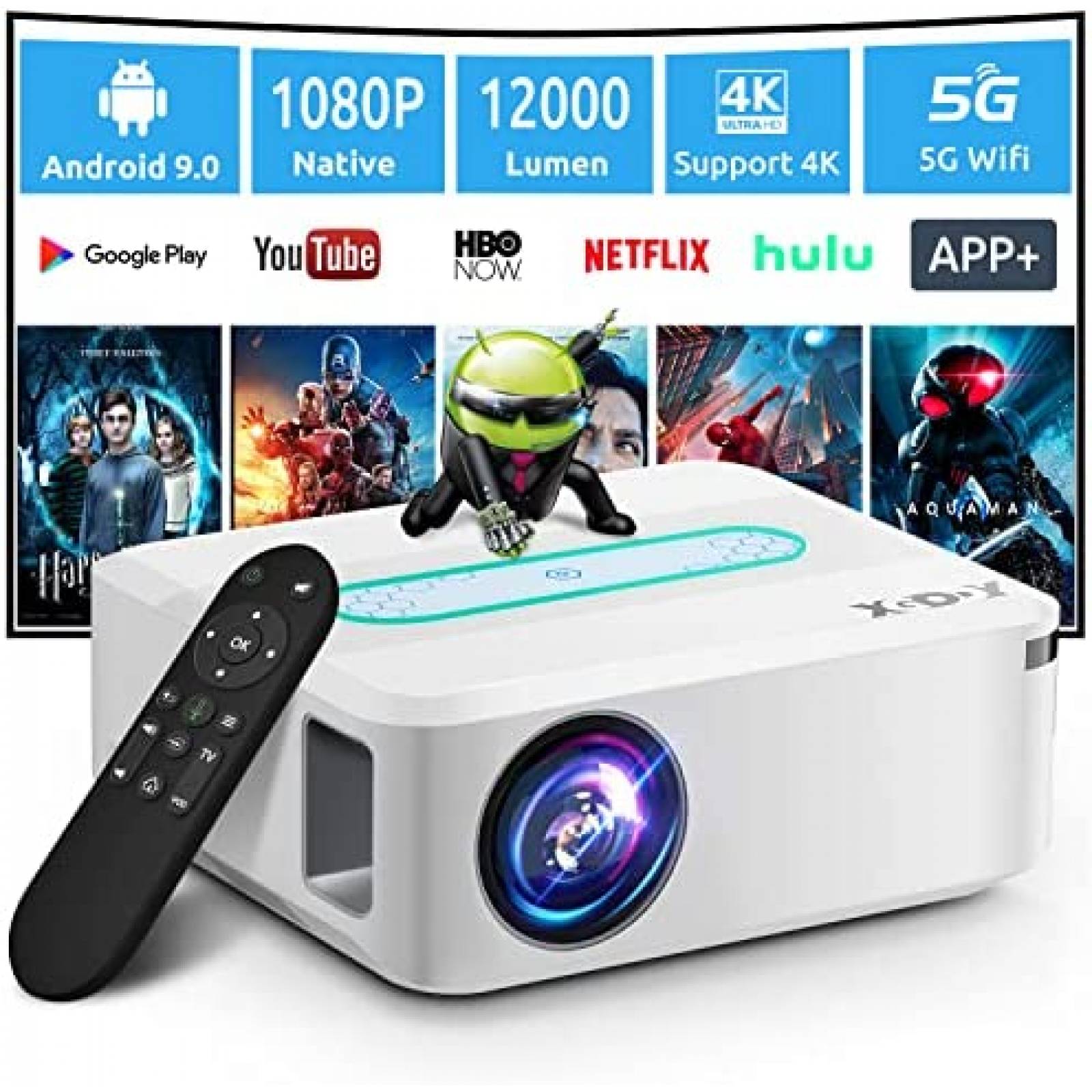 Proyector XGODY 12000L 1080p 4K Bluetooth HDMI -Blanco