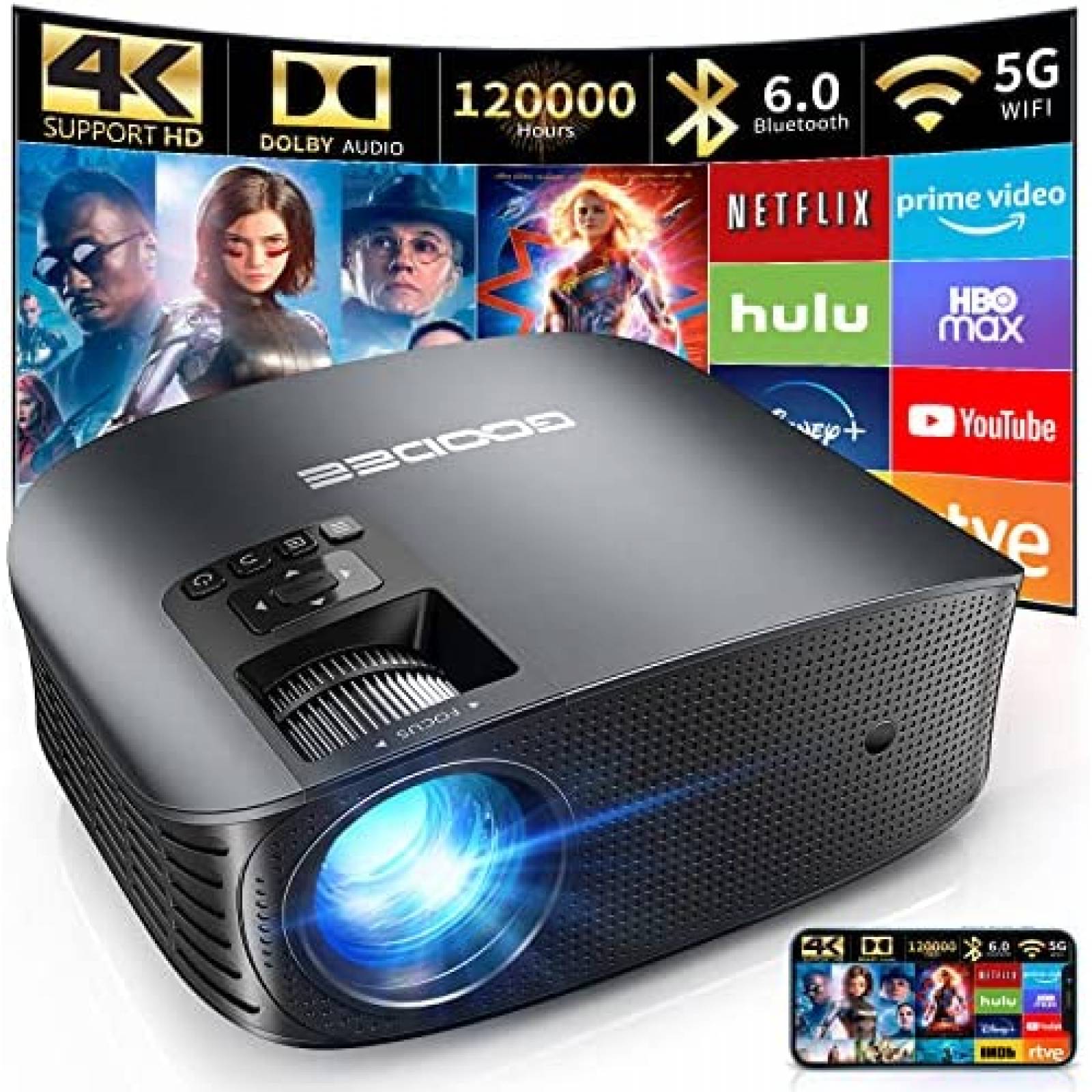 Proyector GooDee YG600 Plus 4K 1080P WiFi Bluetooth Portatil