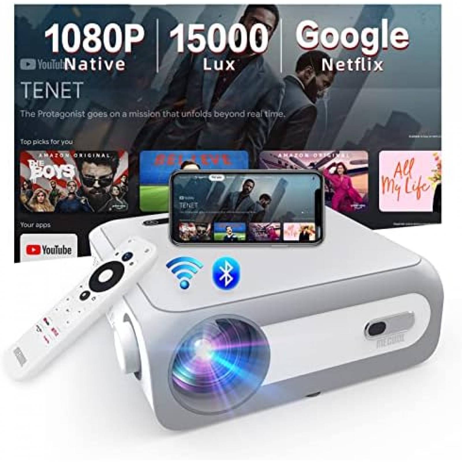 Proyector MECOOL 1080P 15000L 4K WiFi + Control -Bkanco