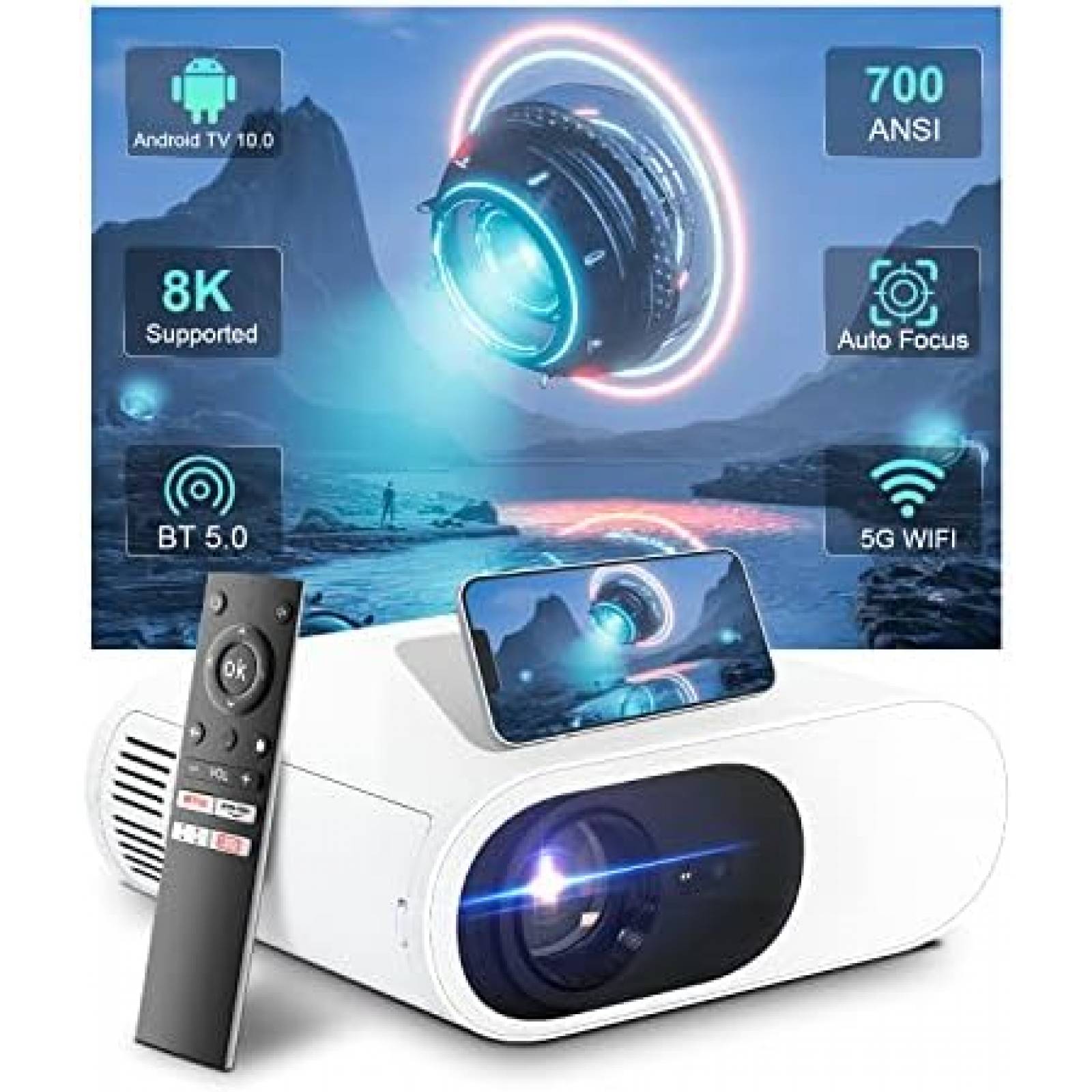 Proyector Alwtniet 1080P 700L ANSI WiFi Bluetooth -Blanco