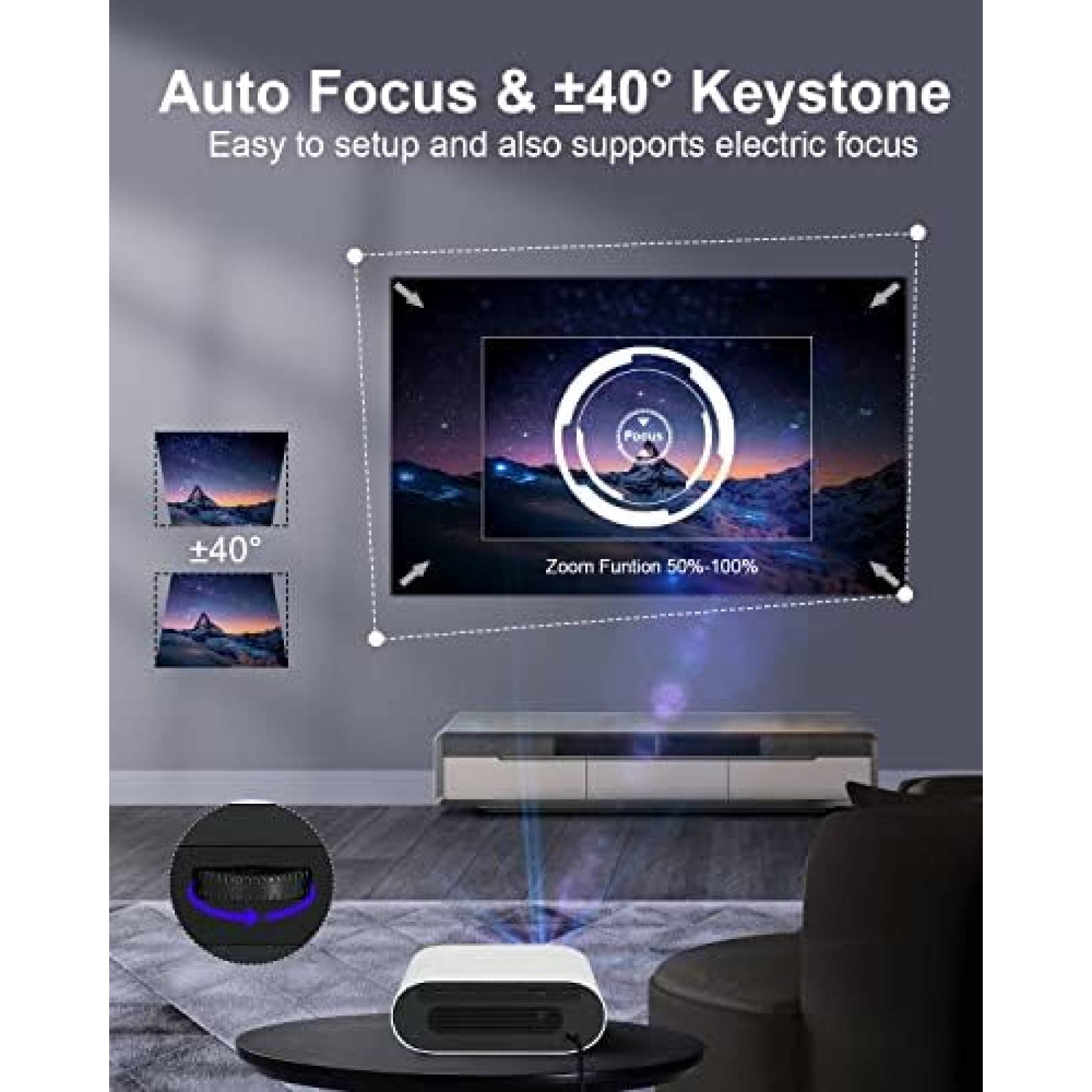 Mini proyector WiFi Bluetooth [enfoque eléctrico], Netflix nativo integrado  1080p 15000 lúmenes proyector portátil Smart TV, compatible con 4K, Office