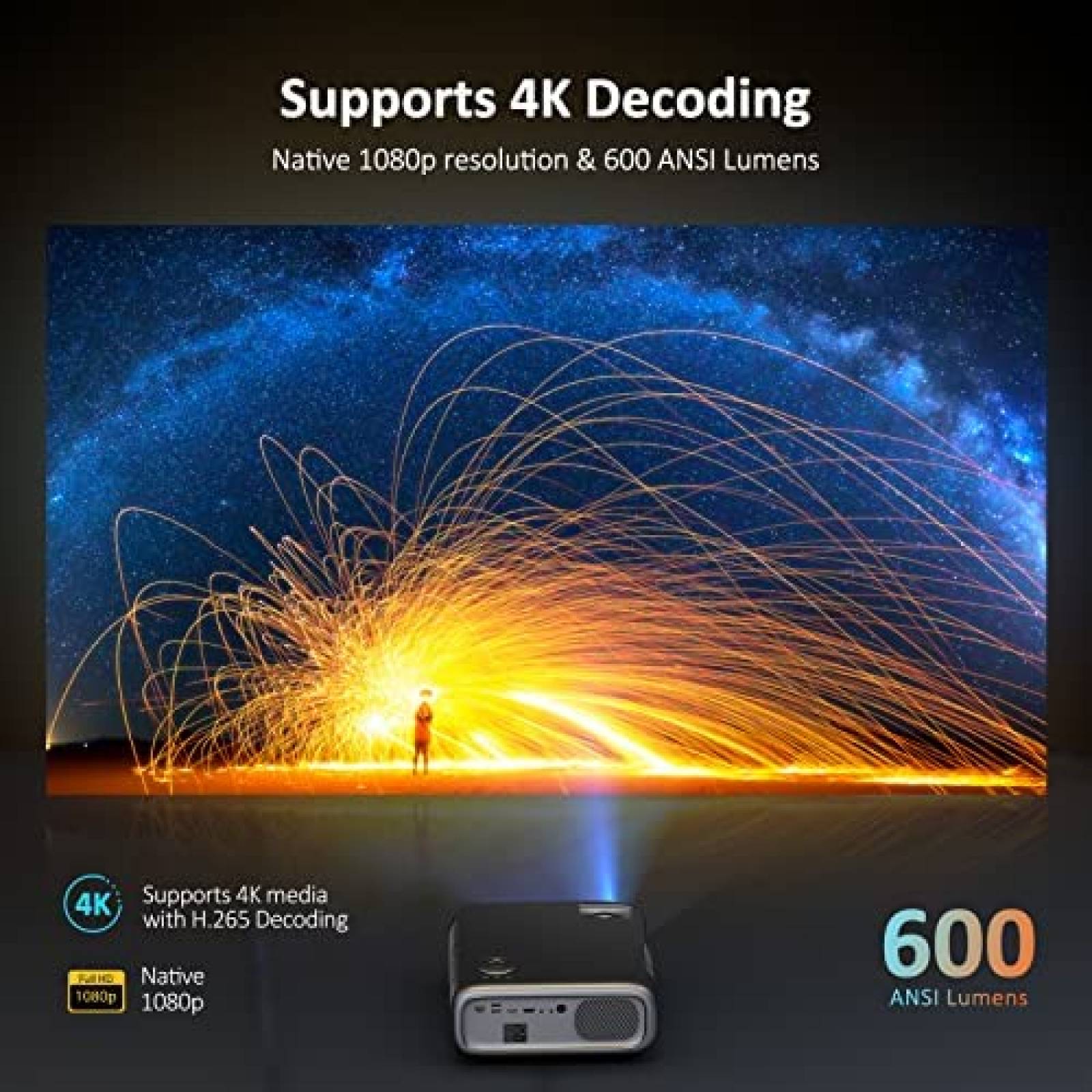 Proyector NexiGo 600 lumenes 1080P compatible con 4K -Negro