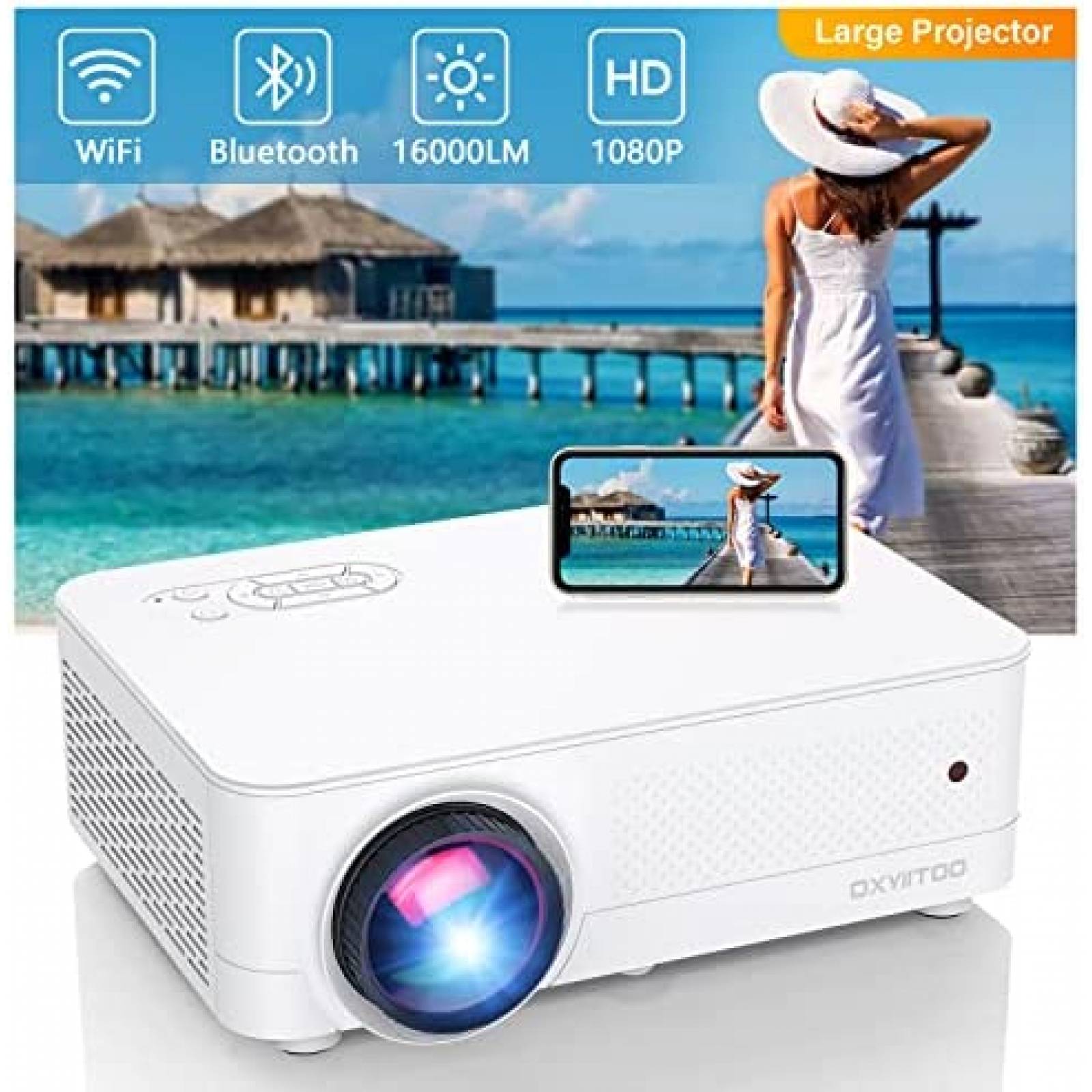 Proyector WiFi Bluetooth Full HD 1080P 4K Soporte, 16000 Lúmenes