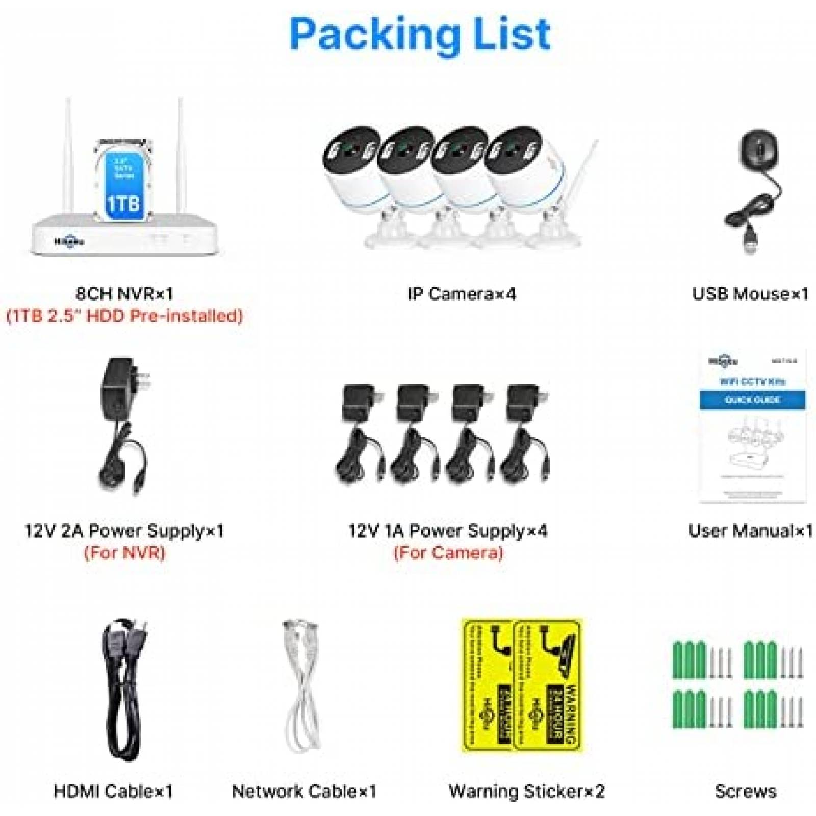 Sistema de Vigilancia Hiseeu NVR 1TB con 4 Camaras Exterior