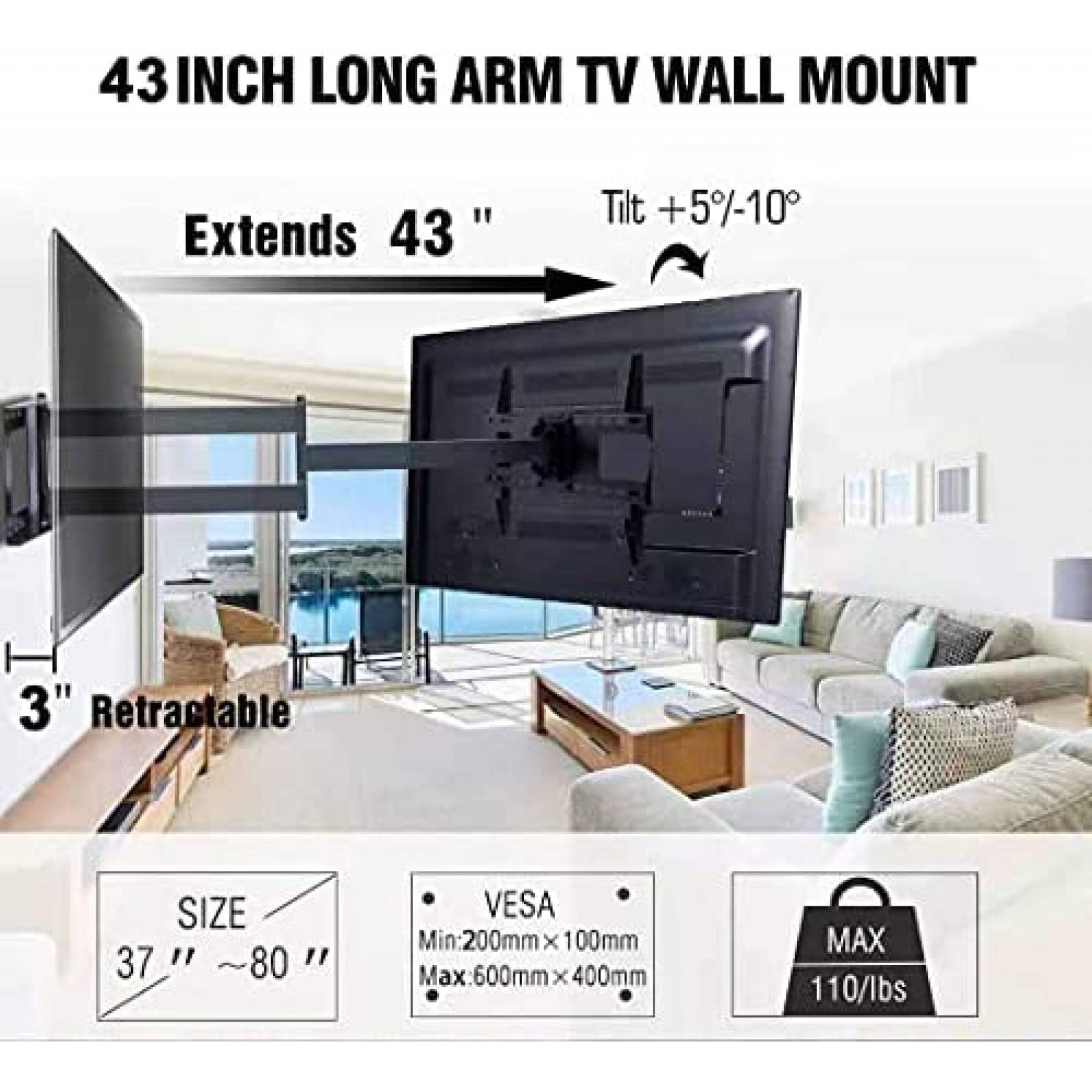 Mount-It! Soporte de TV de brazo largo | Soporte de pared de movimiento  completo con extensión de 40 pulgadas | Se adapta a pantallas de 42 a 80