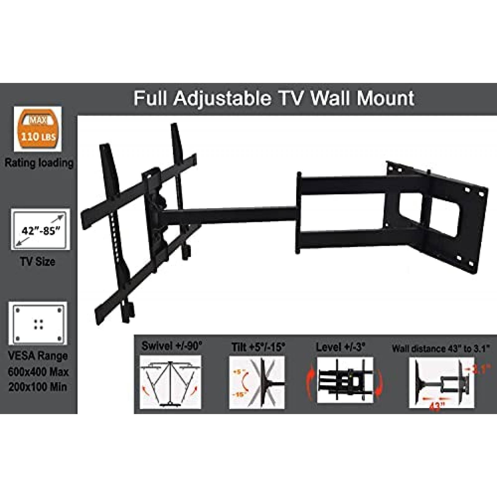 FORGING MOUNT Soporte de pared para TV de brazo largo, soporte de pared de  movimiento completo con brazo articulado de extensión de 43 pulgadas