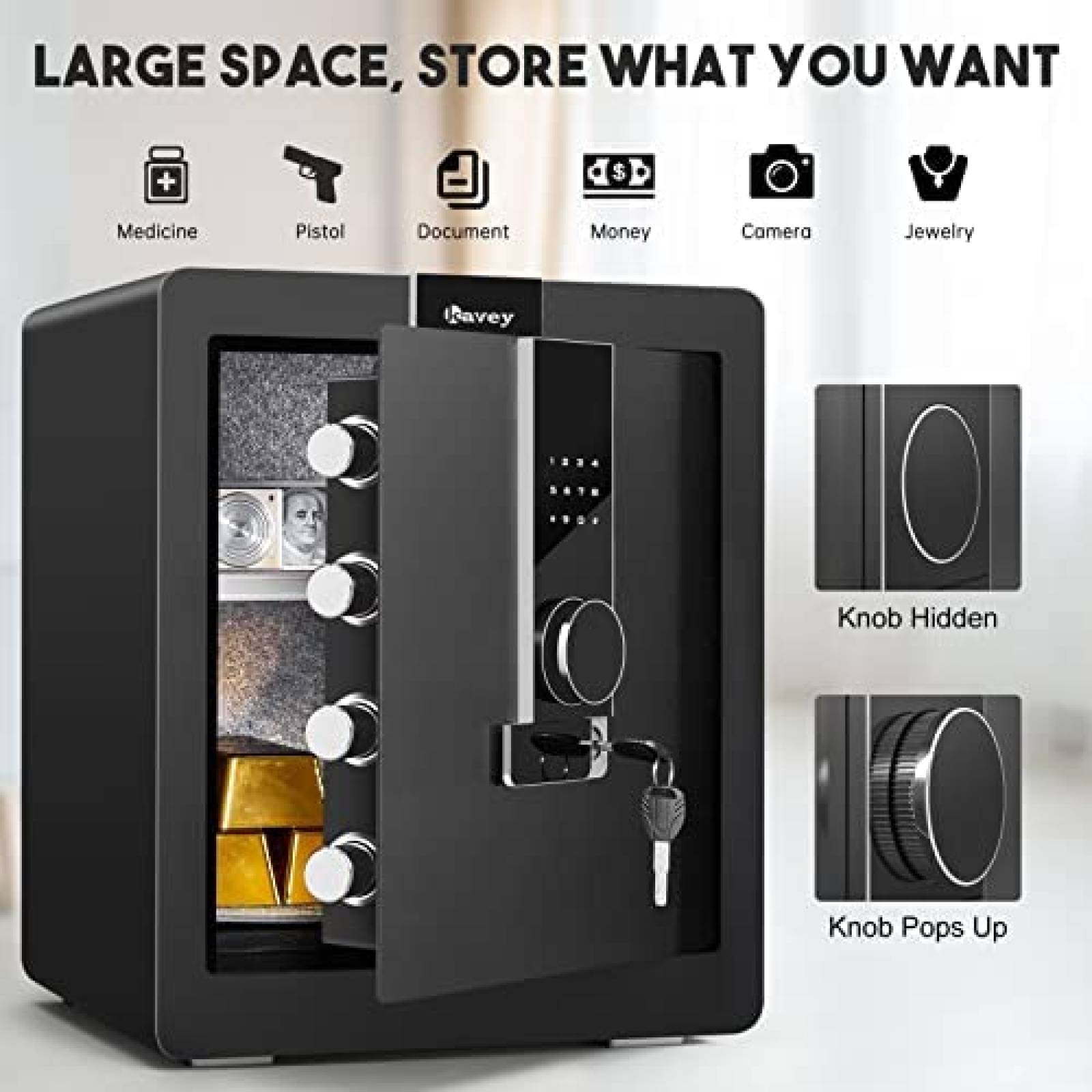 Caja de Seguridad Kavey 2 Teclado Digital y Alarma -Negro