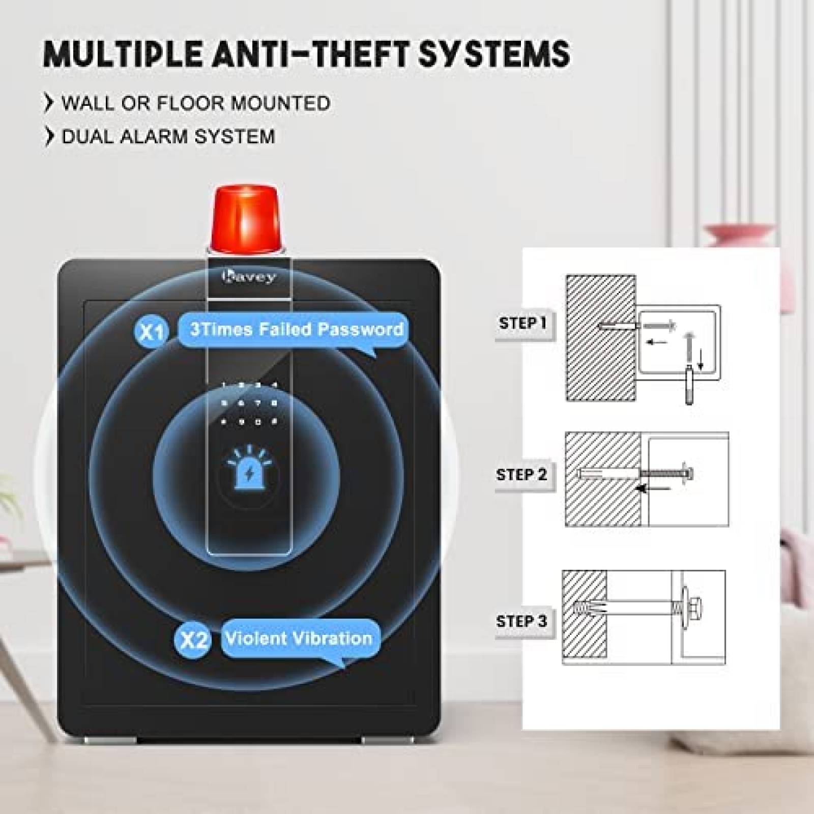 Caja de Seguridad Kavey 2 Teclado Digital y Alarma -Negro