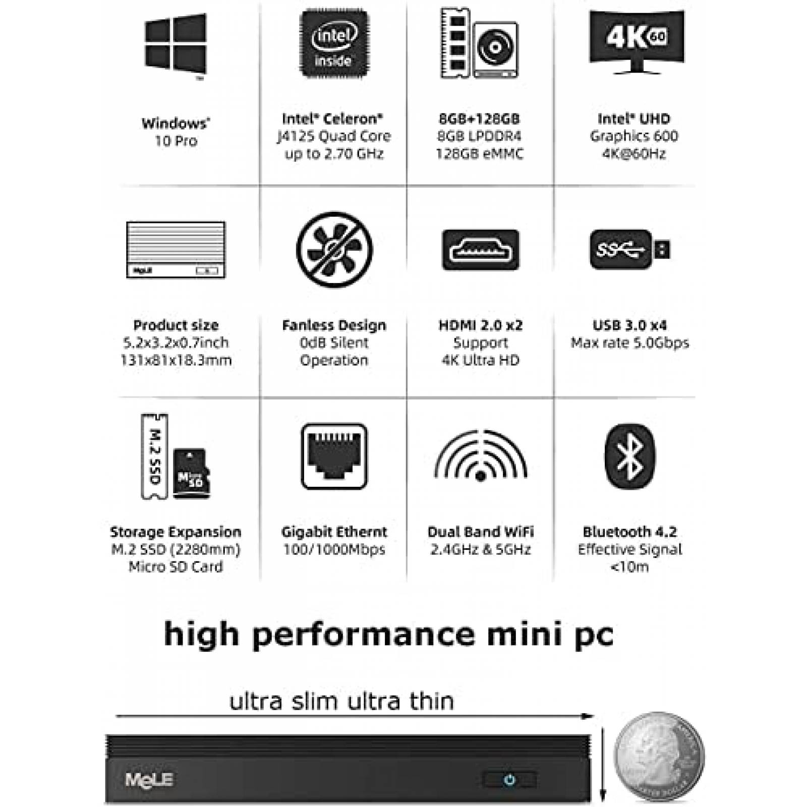 Mini PC MeLE Quieter2Q Celeron J4125 8GB 128GB W11P -Negro