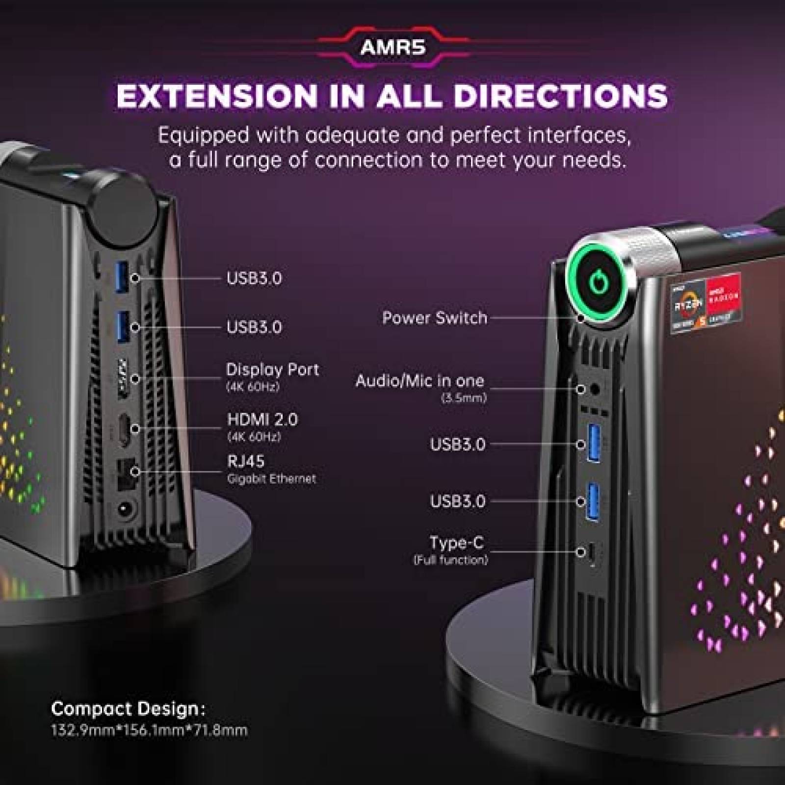 Mini PC KAMRUI AMD R5 16GB 512GB Windows 11 Pro -Negro