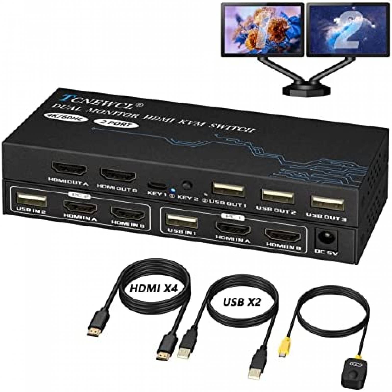 Switch KVM TCNEWCL 922-KST 2PC 2 Monitor 4K 60Hz HDMI USB