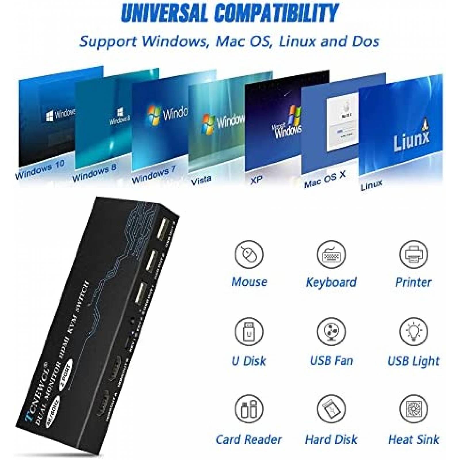 Switch KVM TCNEWCL 922-KST 2PC 2 Monitor 4K 60Hz HDMI USB
