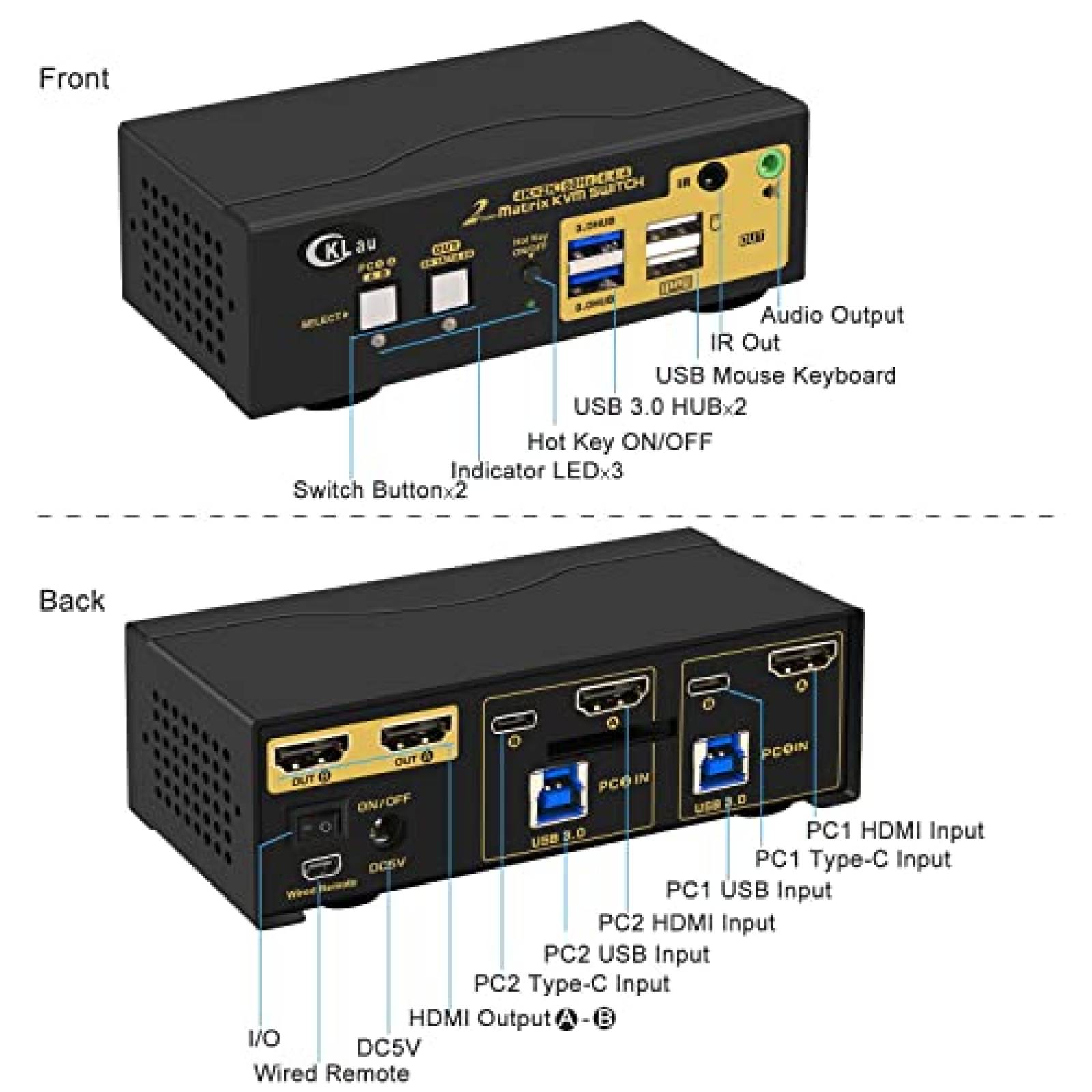 Switch KVM CKLau 2 Monitor 2 PC 4K 60Hz 3.5mm HDMI USB C