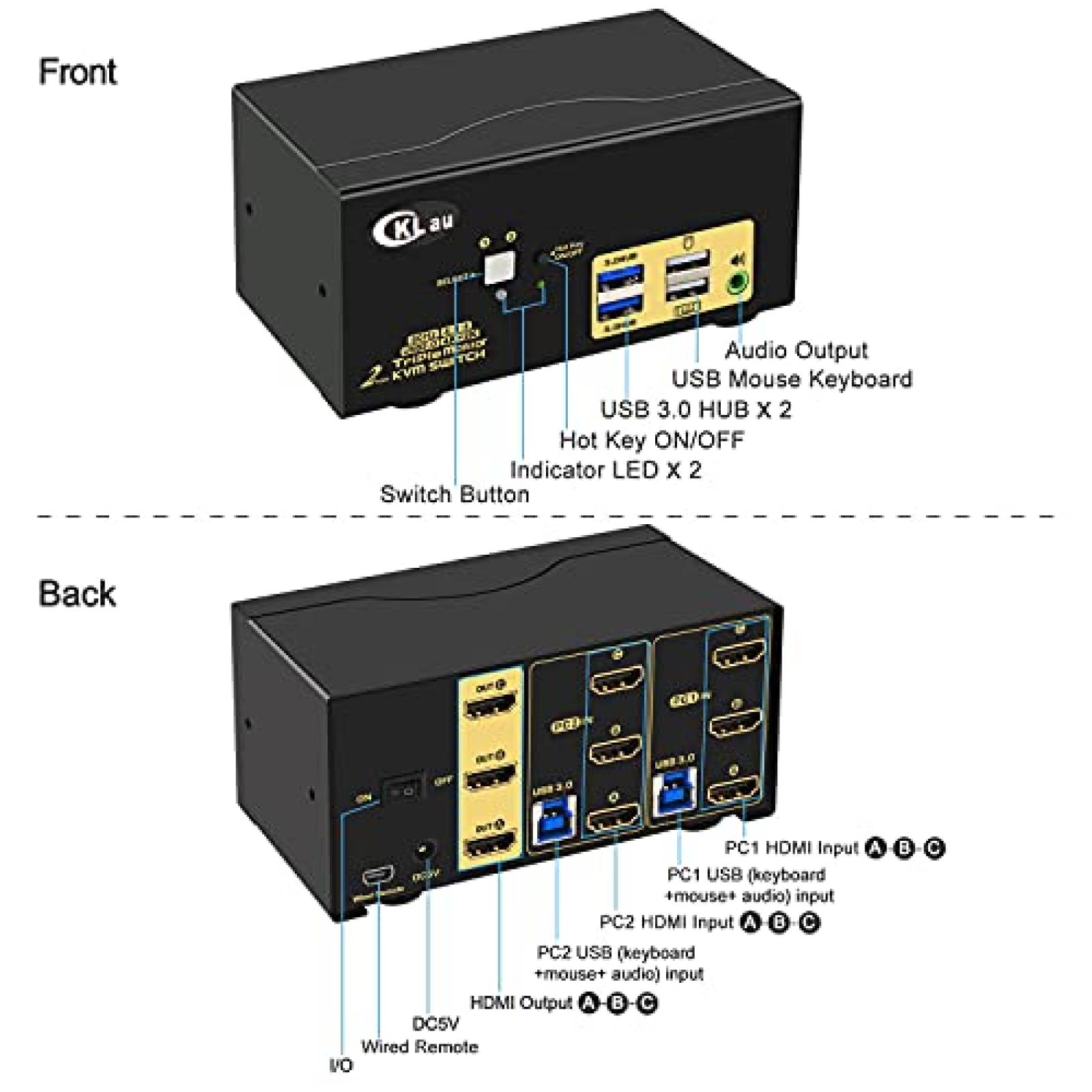 Switch KVM CKLau 3 Monitor 2 PC HDMI USB 3.0 4K 60Hz -Negro