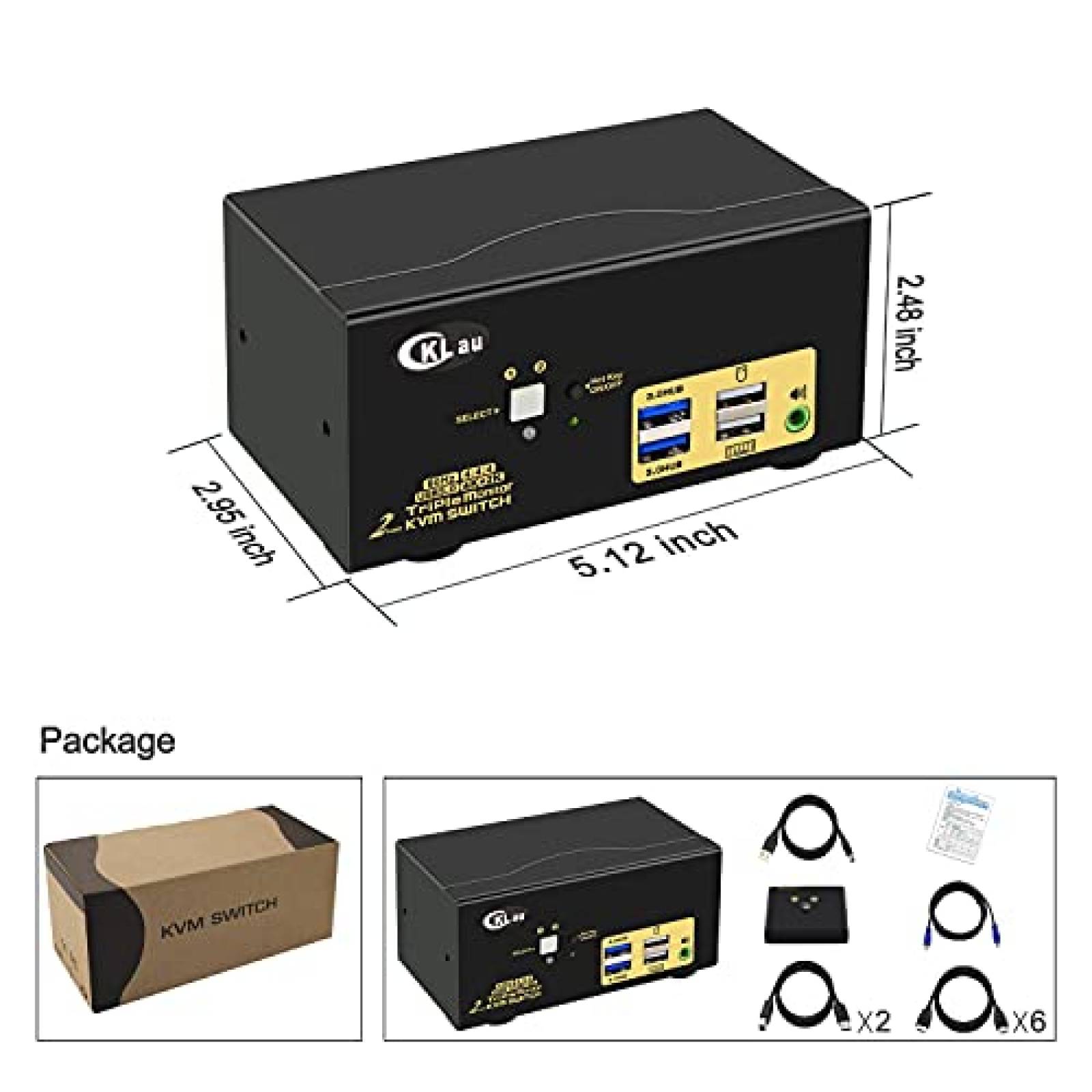 Switch KVM CKLau 3 Monitor 2 PC HDMI USB 3.0 4K 60Hz -Negro